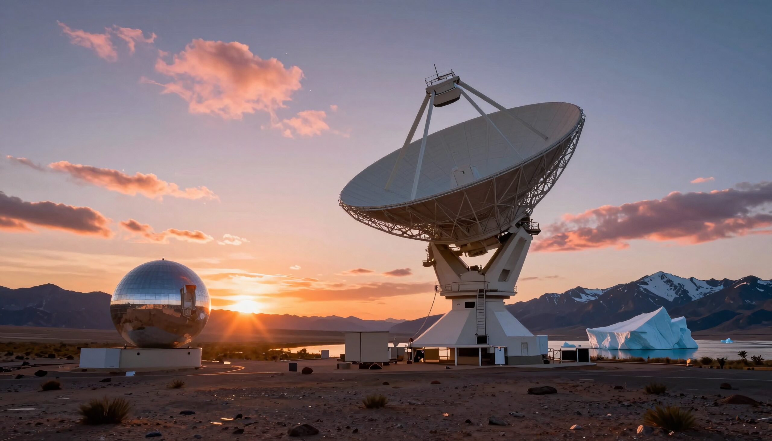 Satellite dish with sunset backdrop.