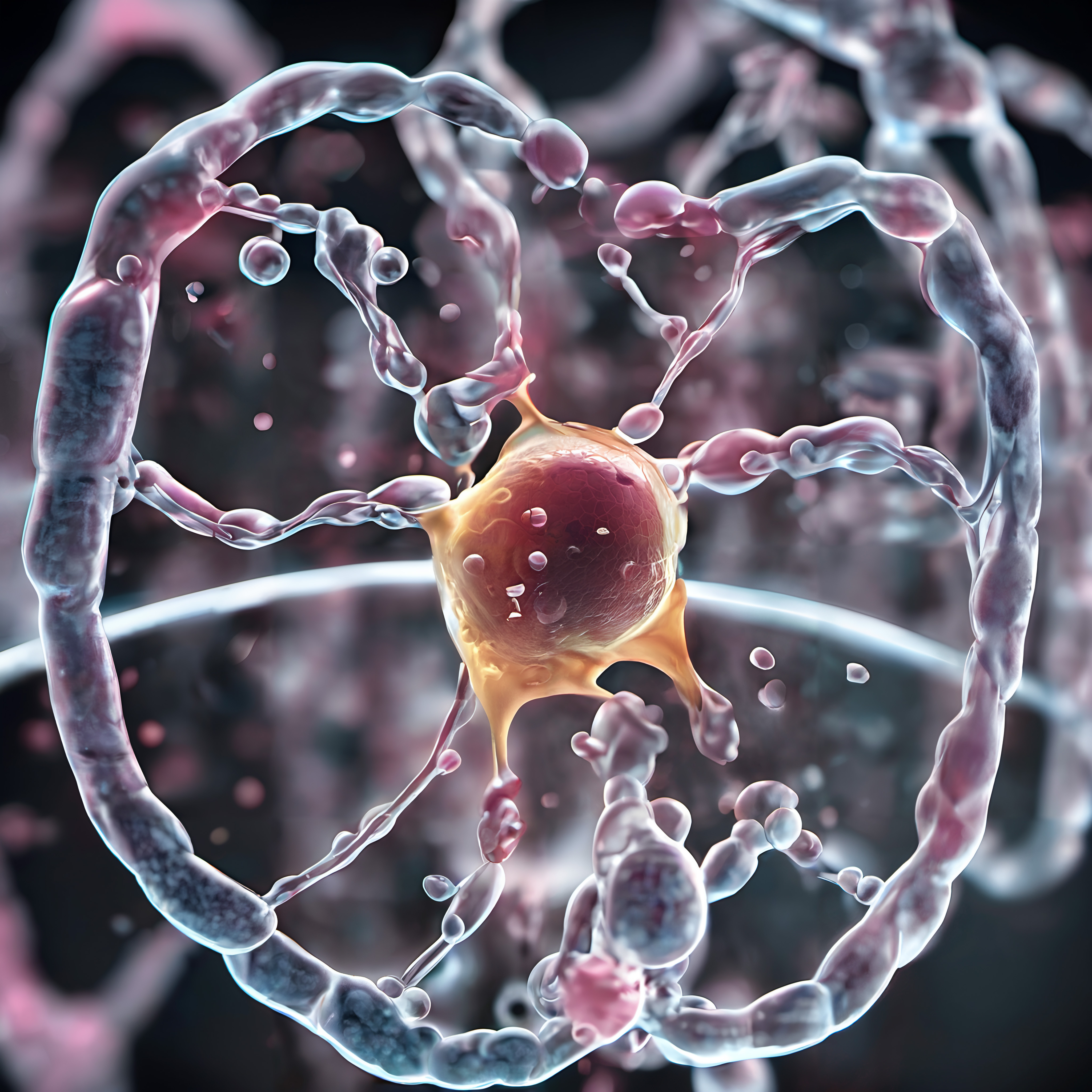 Abstract molecular structure with glowing elements and connected strands in a vibrant color palette, evoking a scientific and futuristic atmosphere.