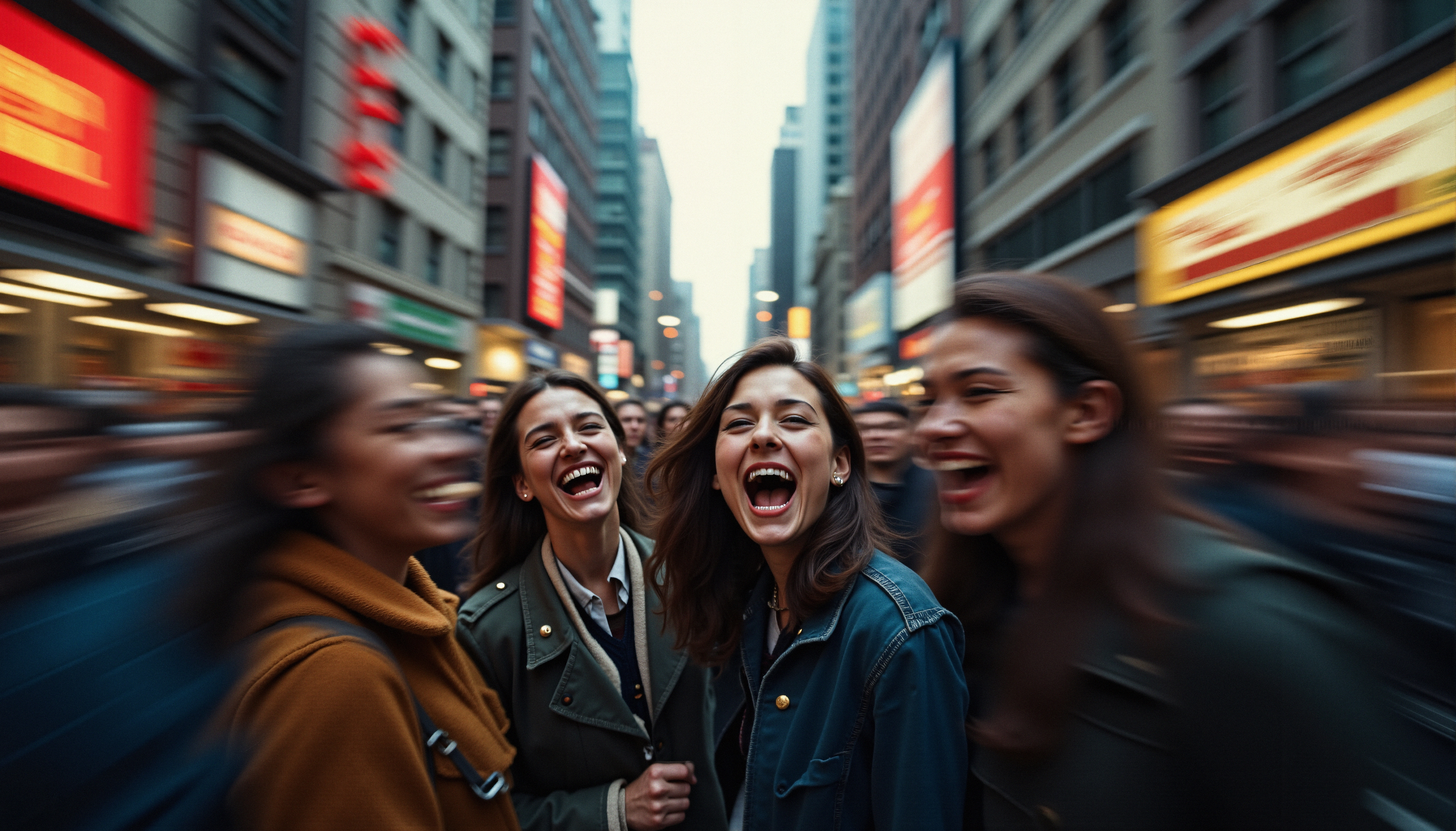 Joyful Friends in Busy City