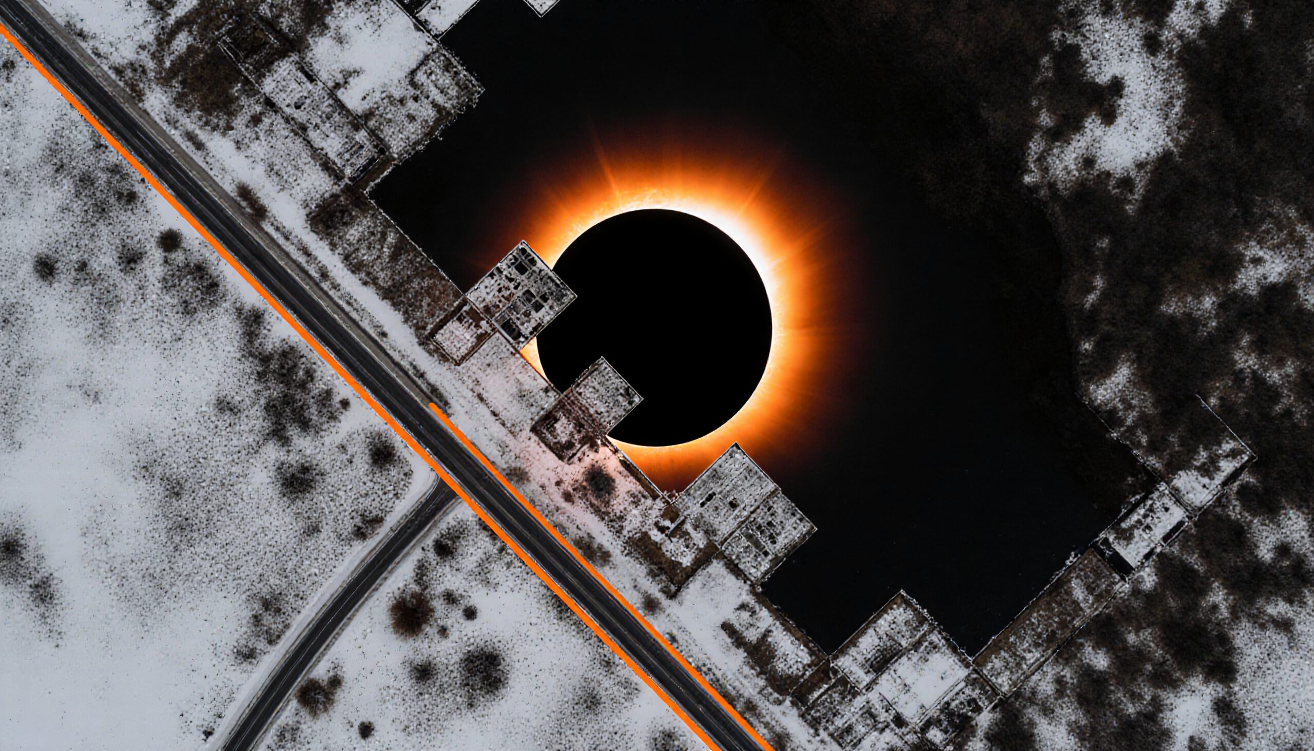 Aerial view of a glowing eclipse surrounded by a snowy landscape.