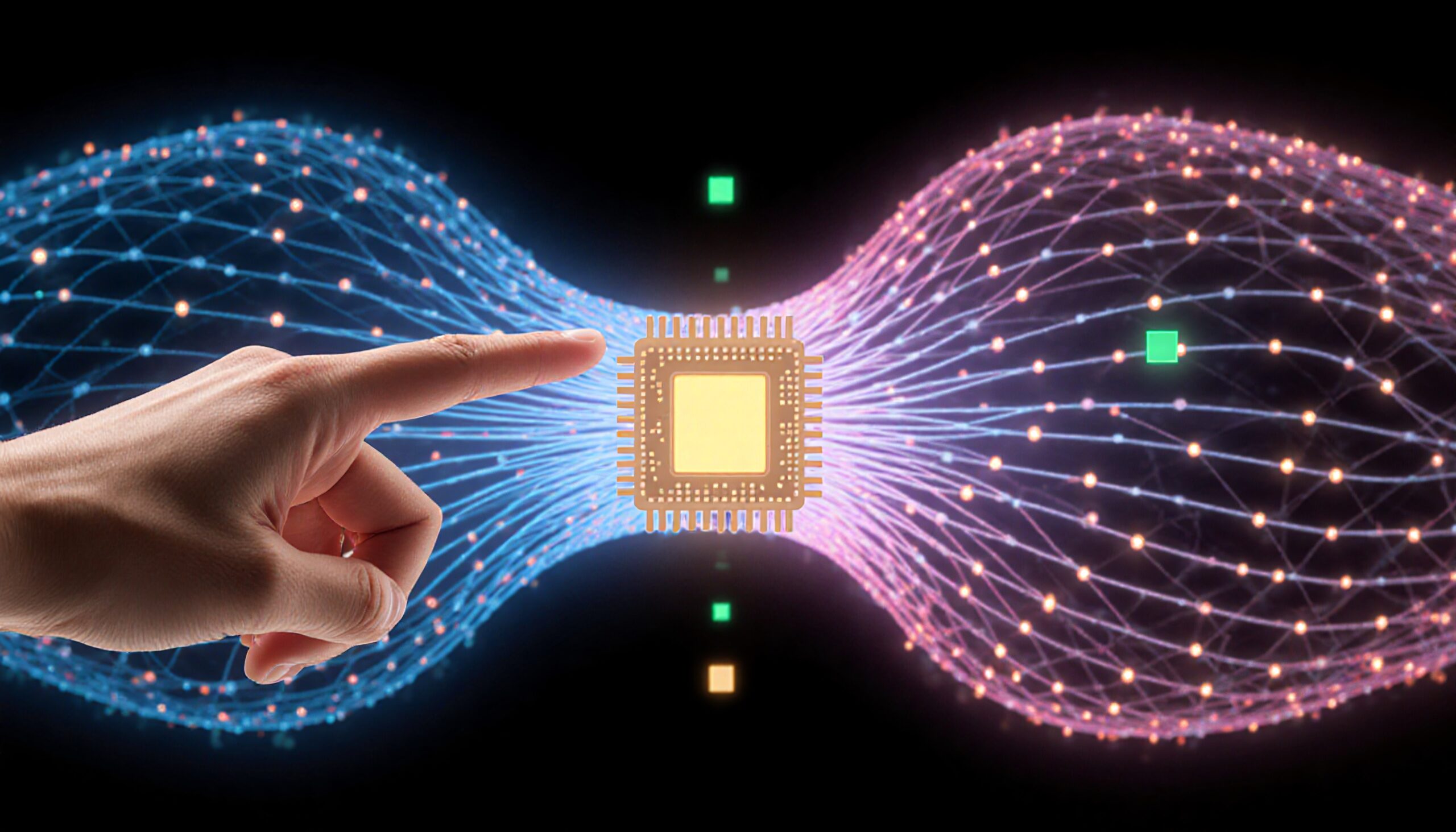 A hand reaching towards a glowing microchip amidst flowing digital data streams.