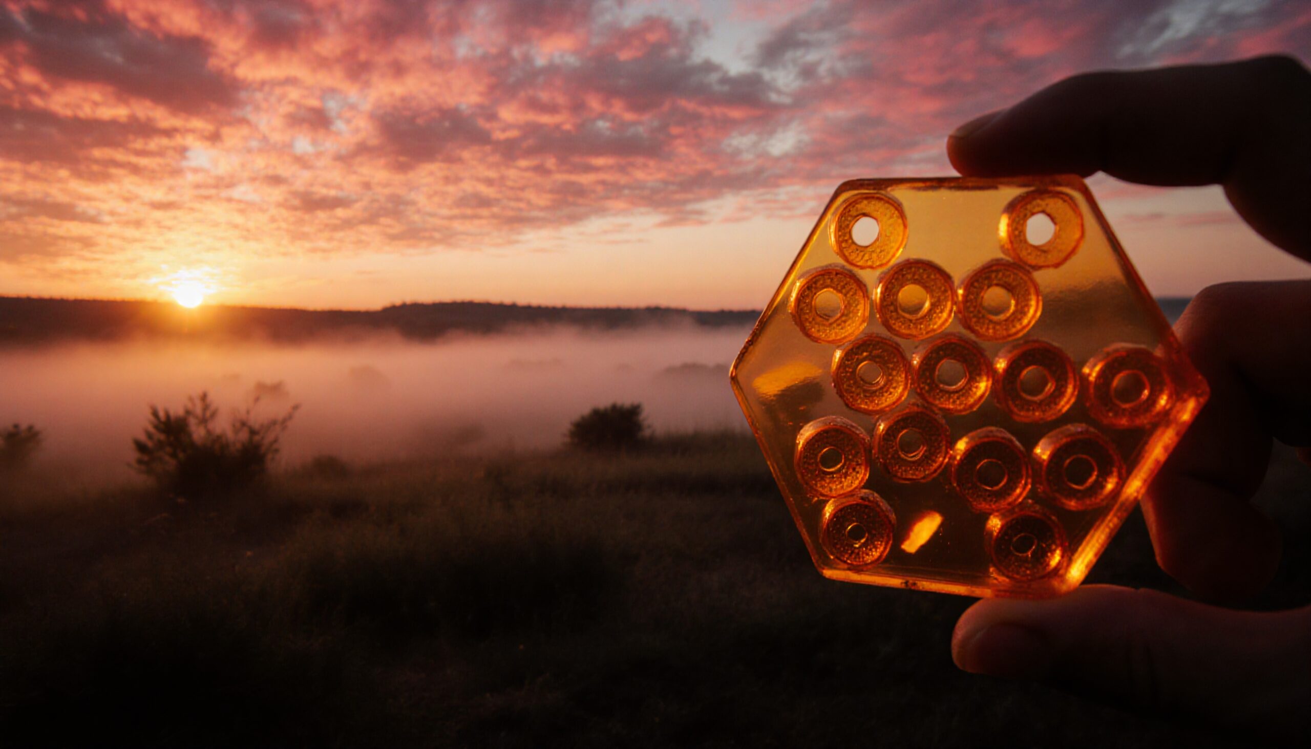 A hexagonal object held up against a vivid sunrise over a misty landscape.