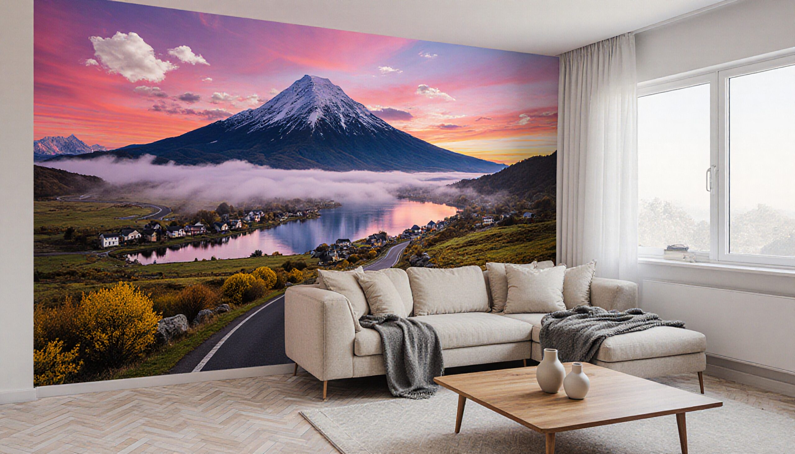 A modern living room featuring a large mural of a mountain landscape with a sunset, lake, and village.