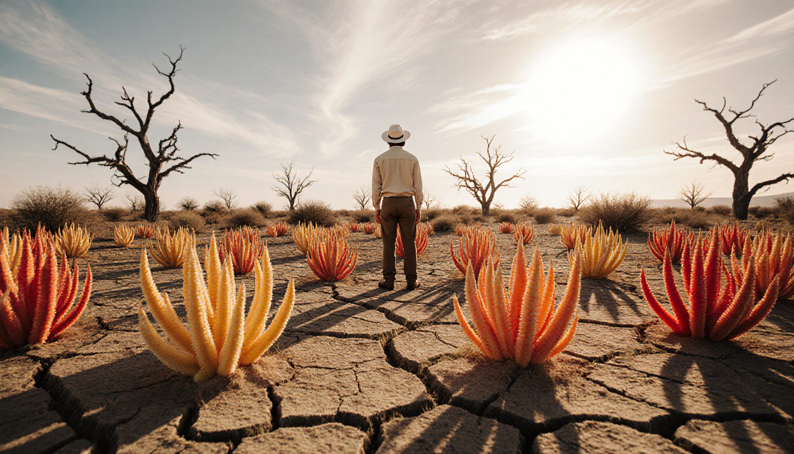 A lone figure stands amid vibrant desert plants on cracked earth under a harsh sun.