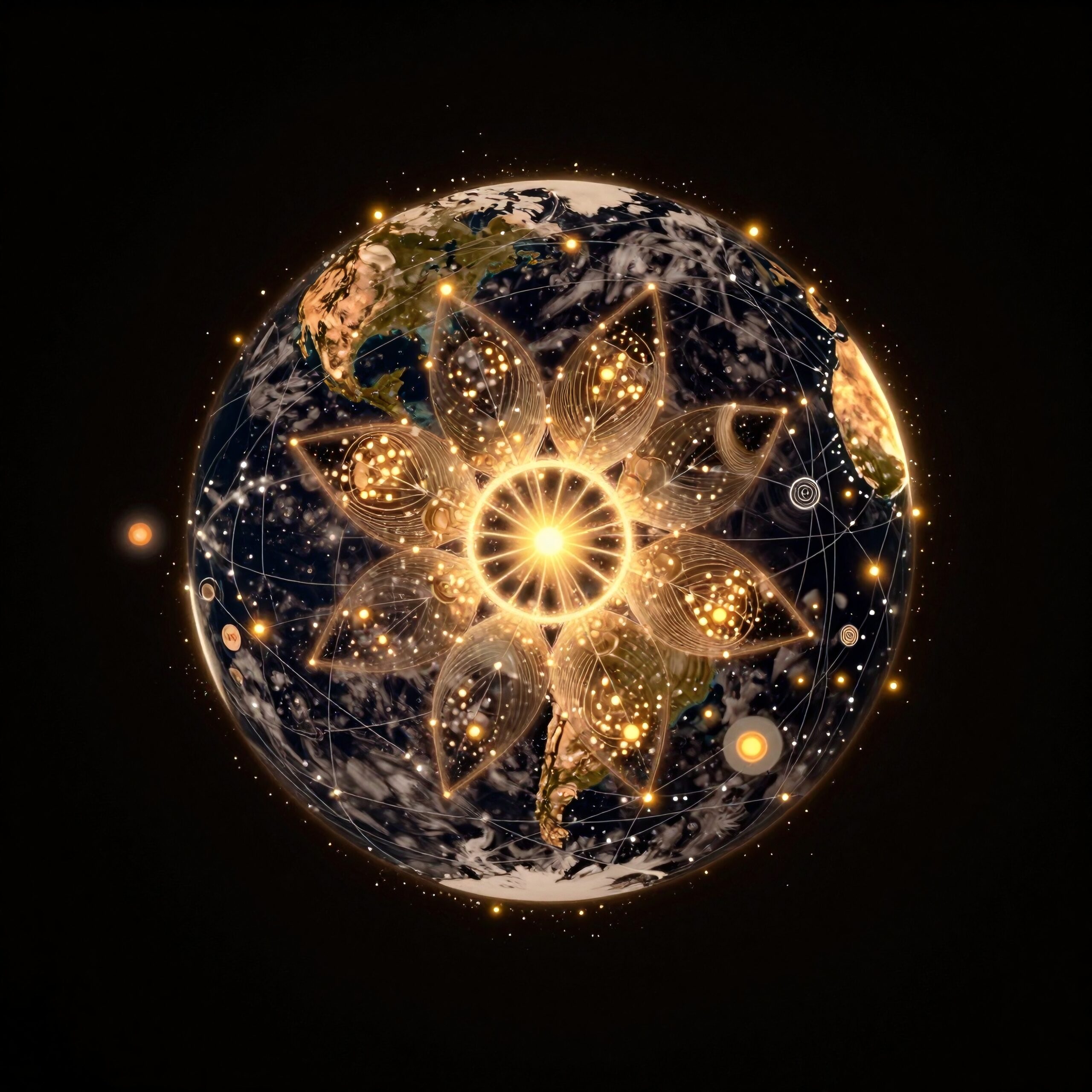 A digitally enhanced Earth with cosmic golden patterns and mandala-like lights against a dark backdrop.