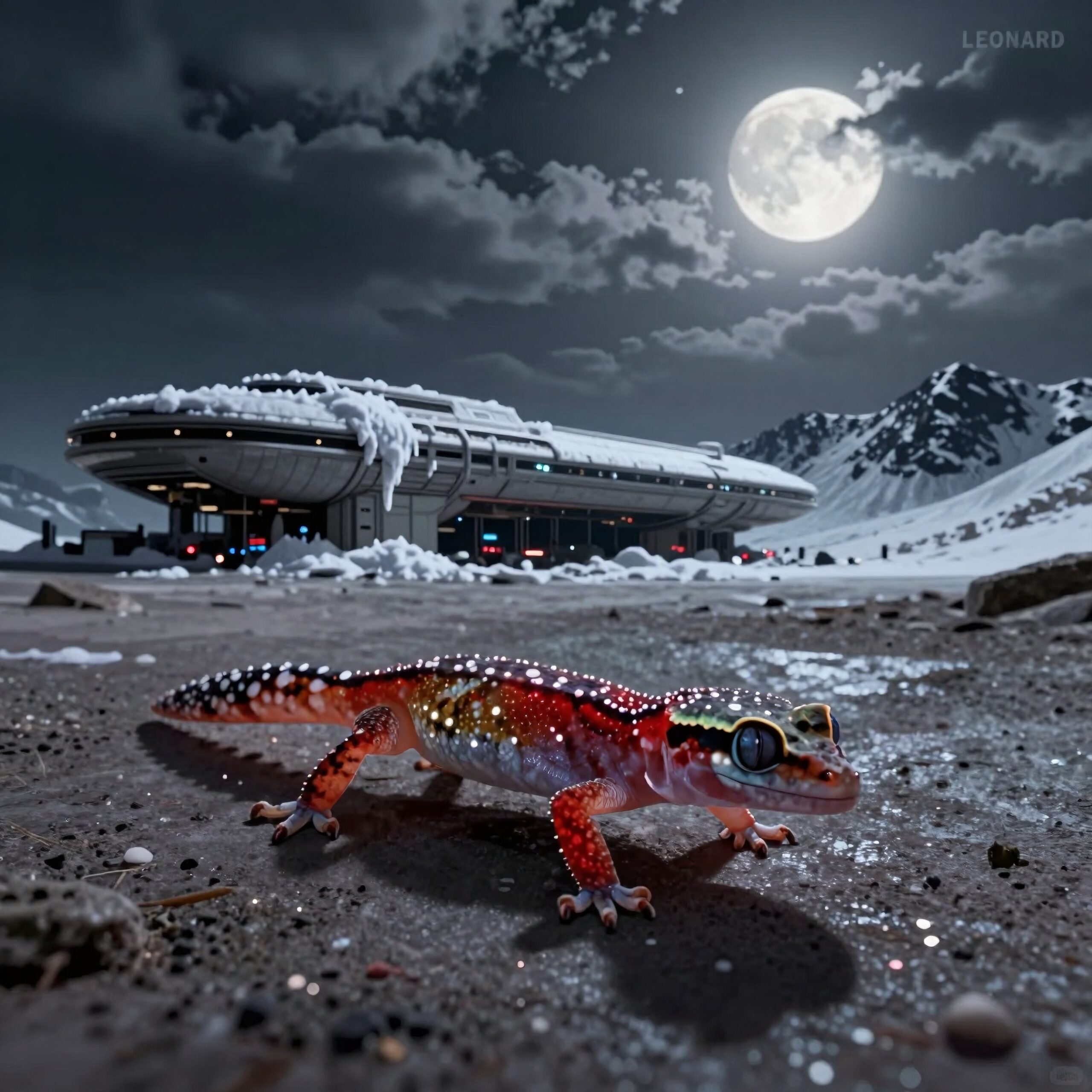 A colorful gecko in a snowy, futuristic landscape with mountains, under a full moon.