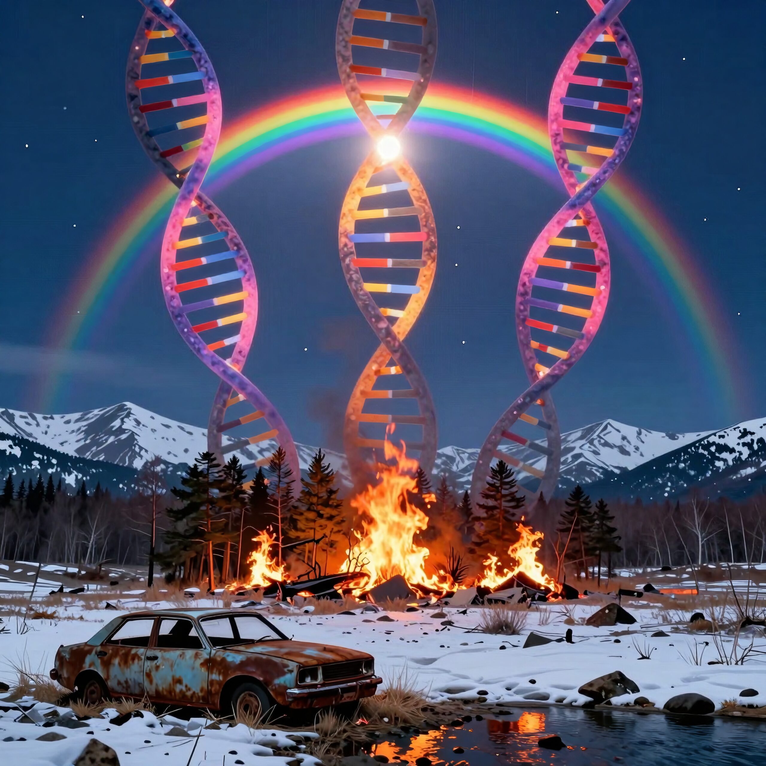 Surreal landscape with DNA helixes, a roaring fire, and vibrant rainbow under snow-capped mountains.