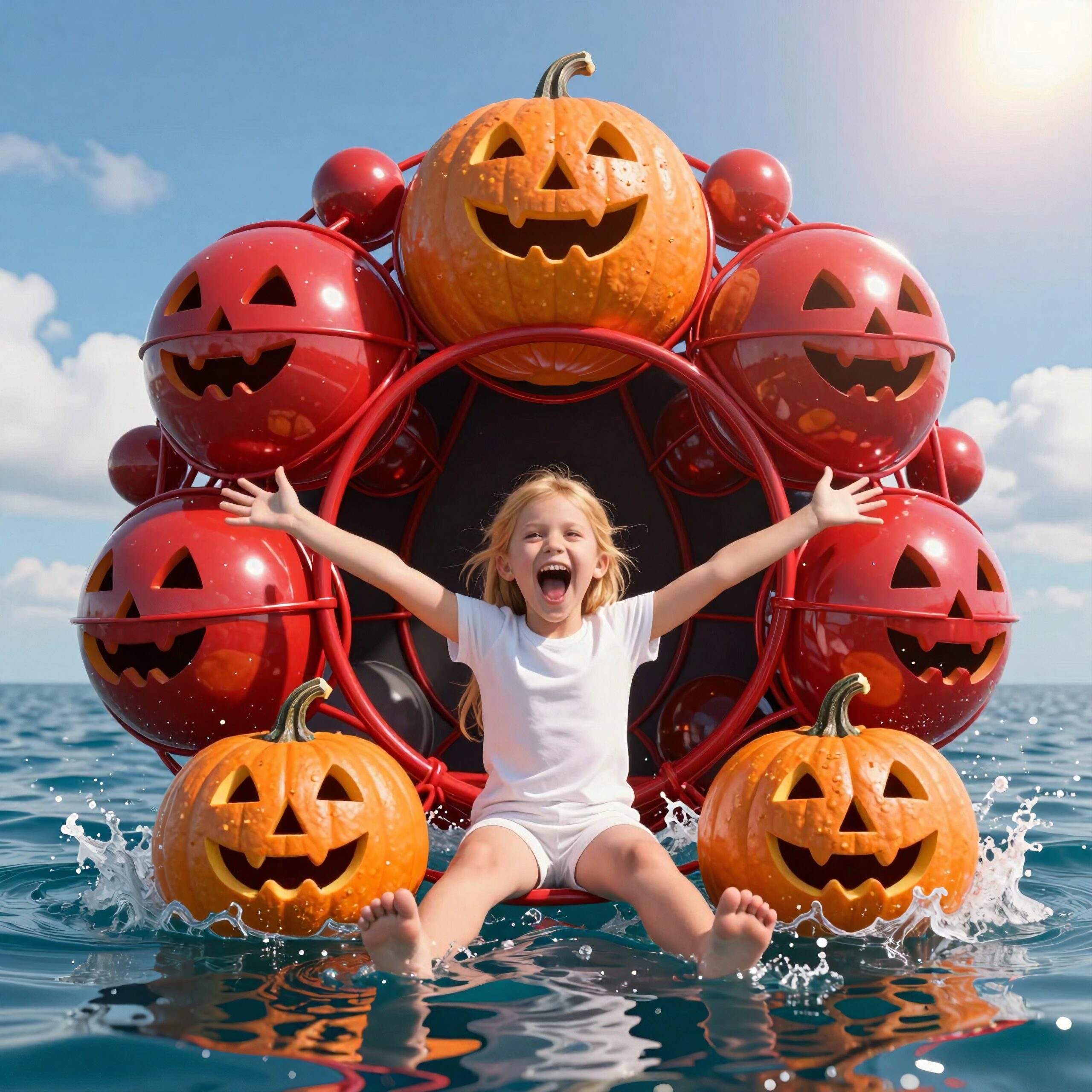 Young girl smiling among floating Halloween Jack-o'-lanterns in the ocean under a sunny sky.