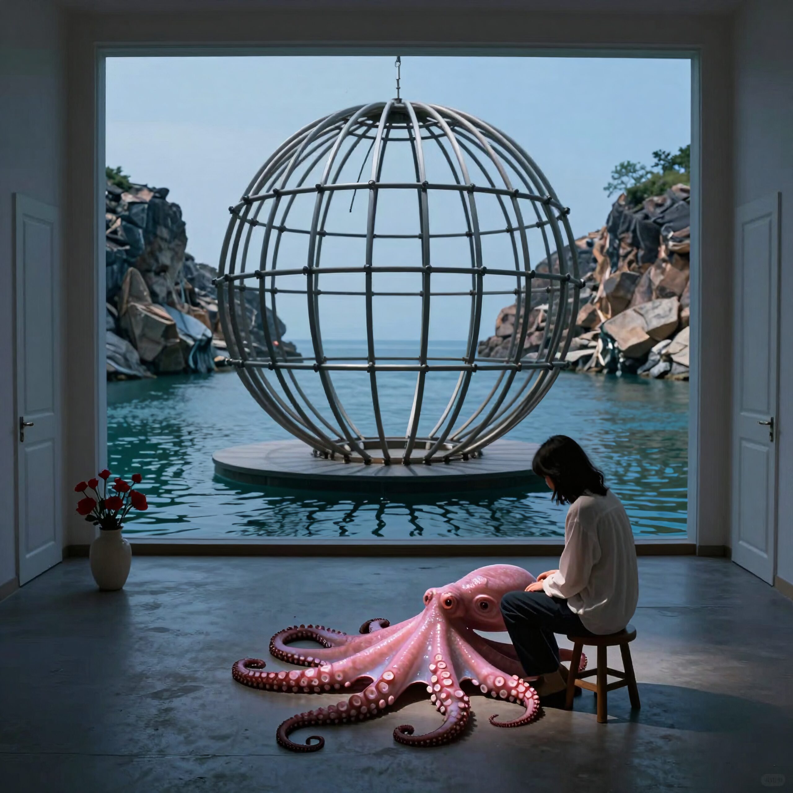 A woman sits with octopus indoors, facing a giant globe outside.