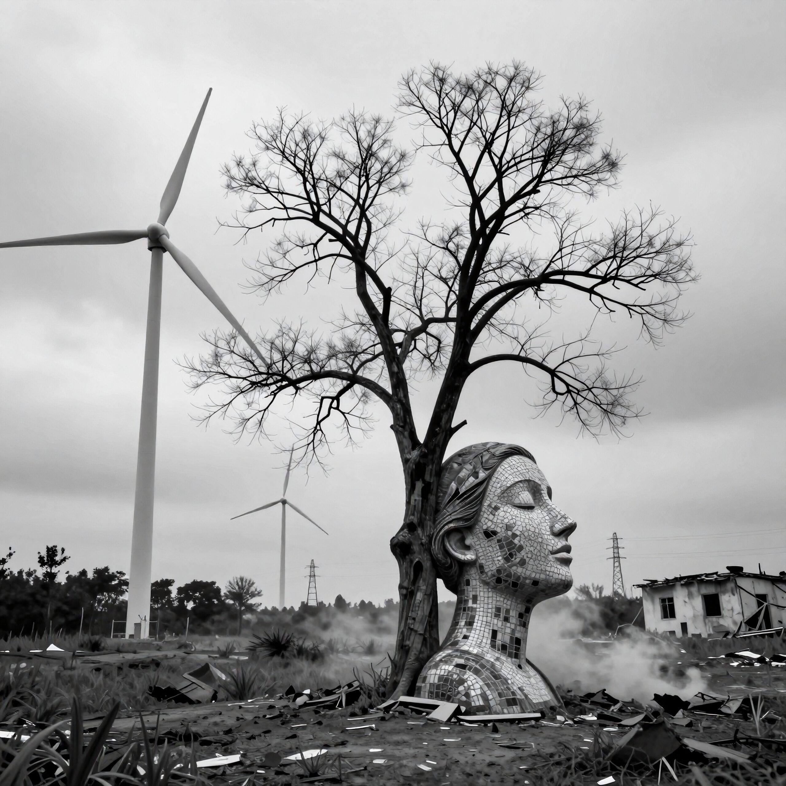 Black and white image showing a serene mosaic bust fused with a tree, set against a backdrop of wind turbines and a cloudy sky.