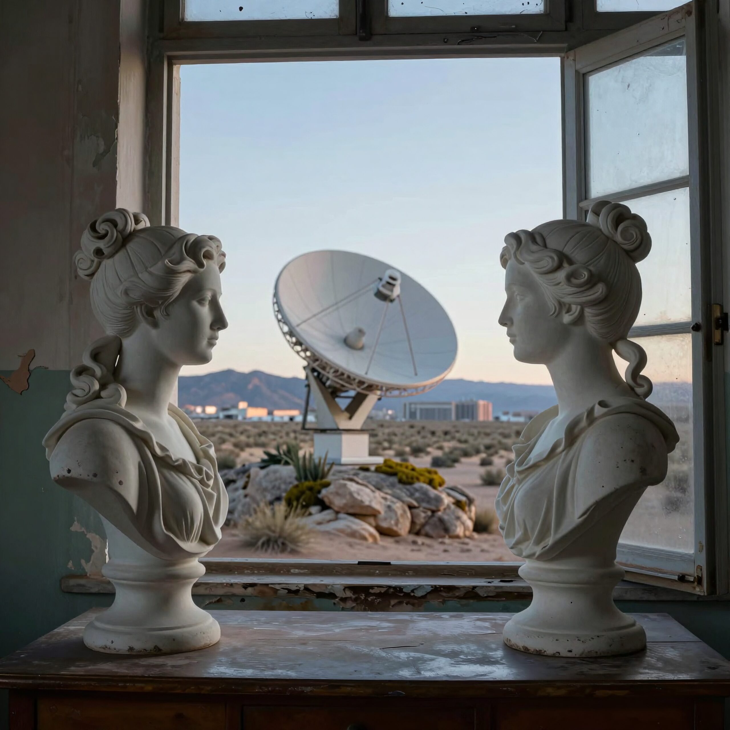 Classical marble sculptures gaze at a satellite dish in a desert landscape.