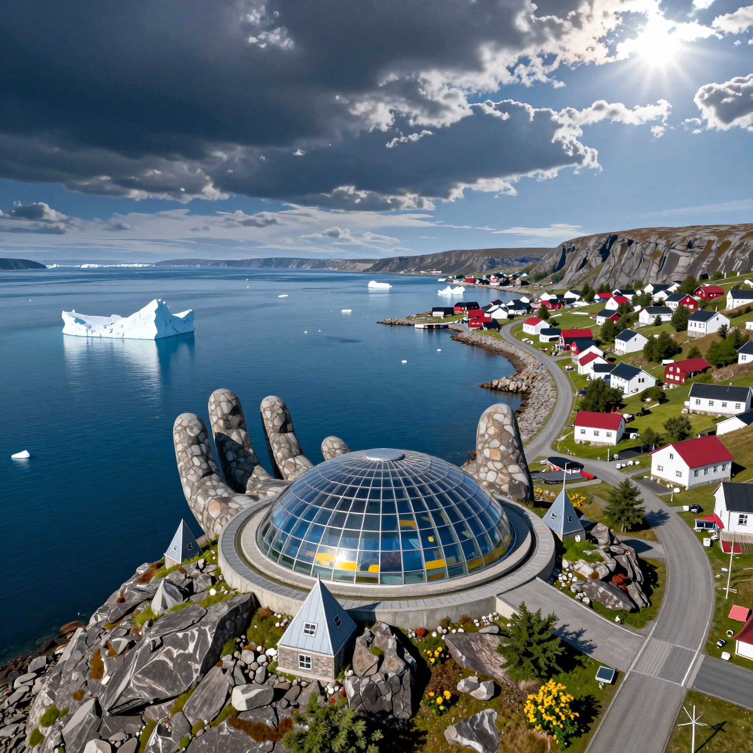 A futuristic village with hand-shaped glass dome by the coast, set against cliffs and icebergs.