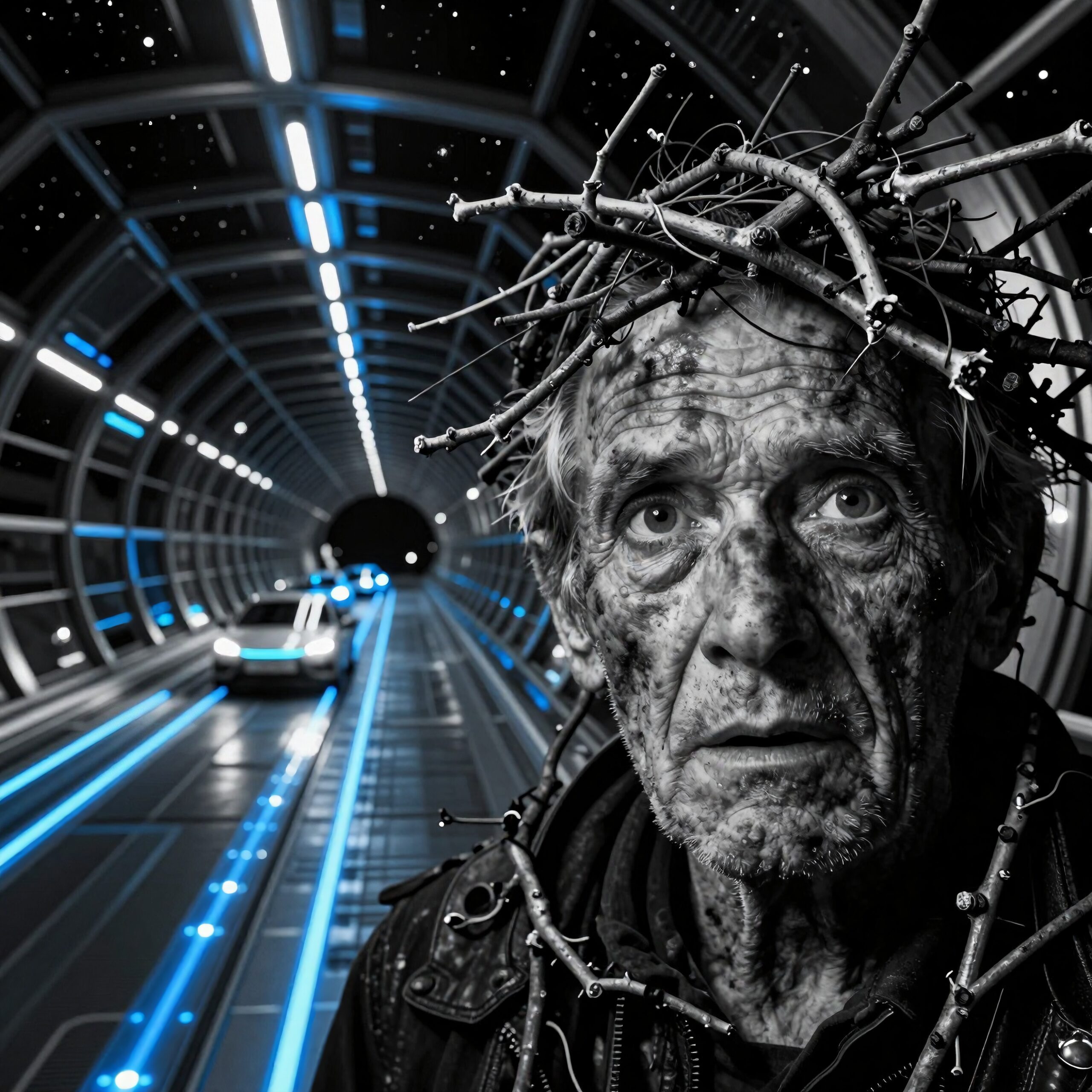 Elderly man with twig crown stands in glowing futuristic tunnel.
