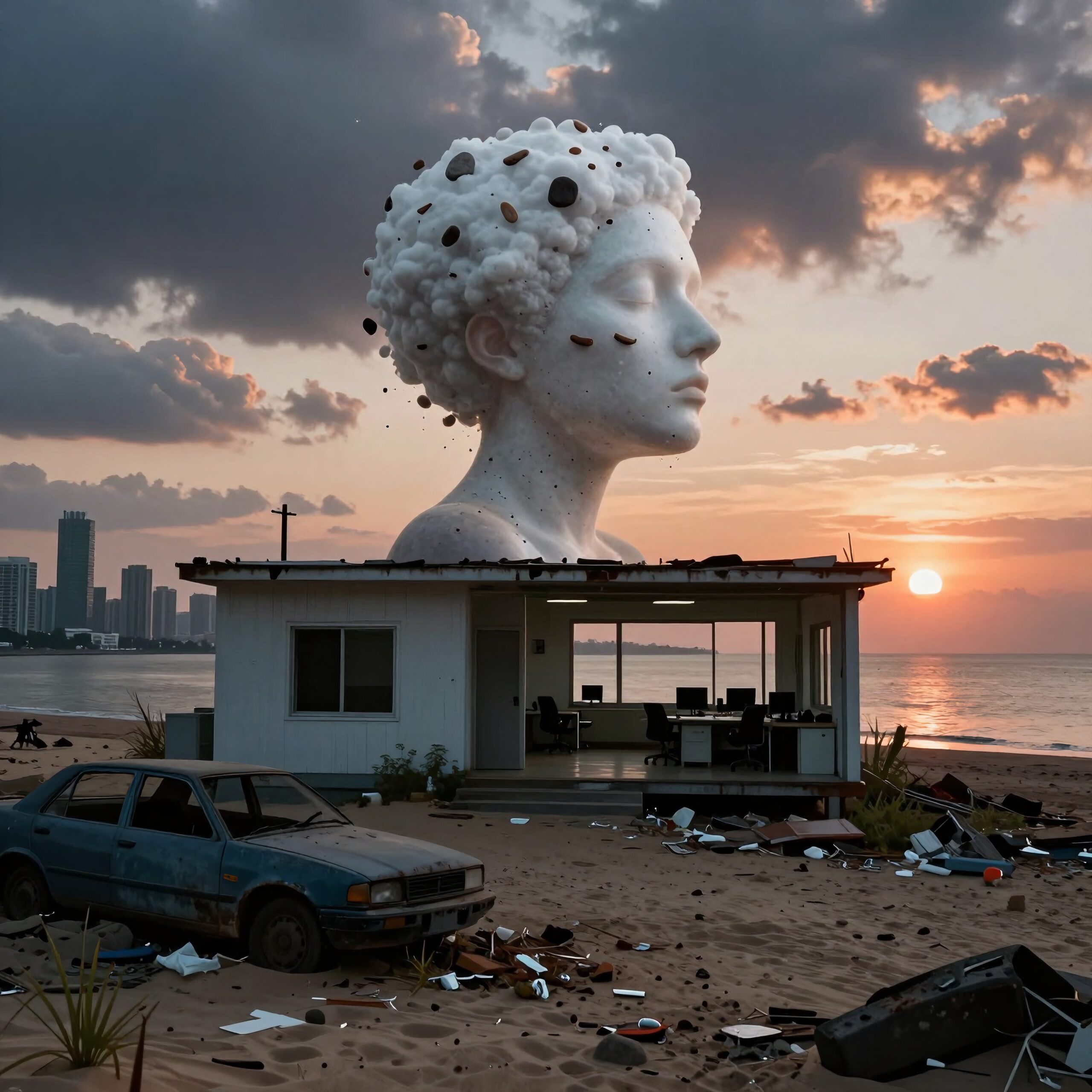 Surreal scene with a giant sculpture head on a beach.