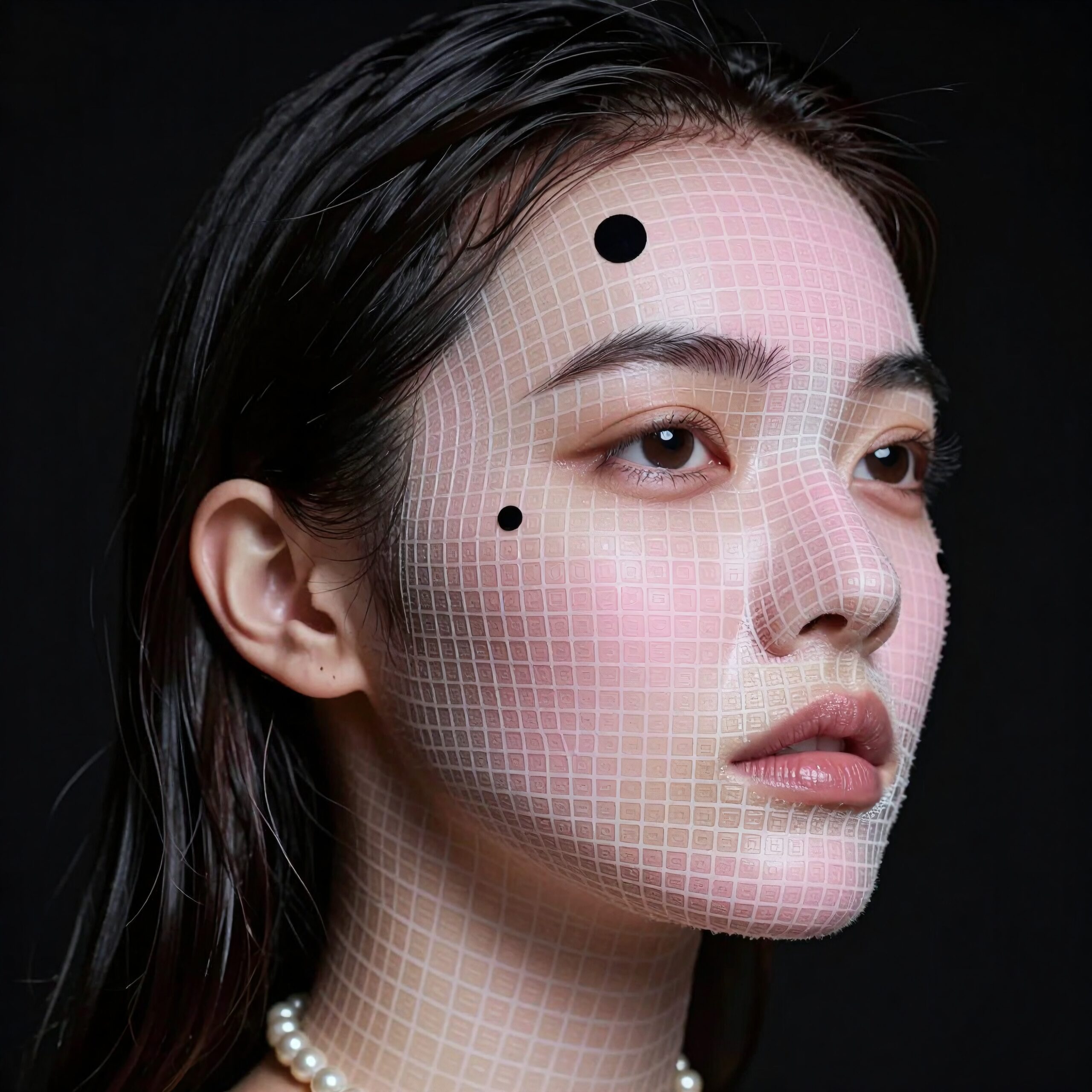 A modern portrait of a woman with a grid pattern and abstract dots on her face, conveying a futuristic artistic concept.