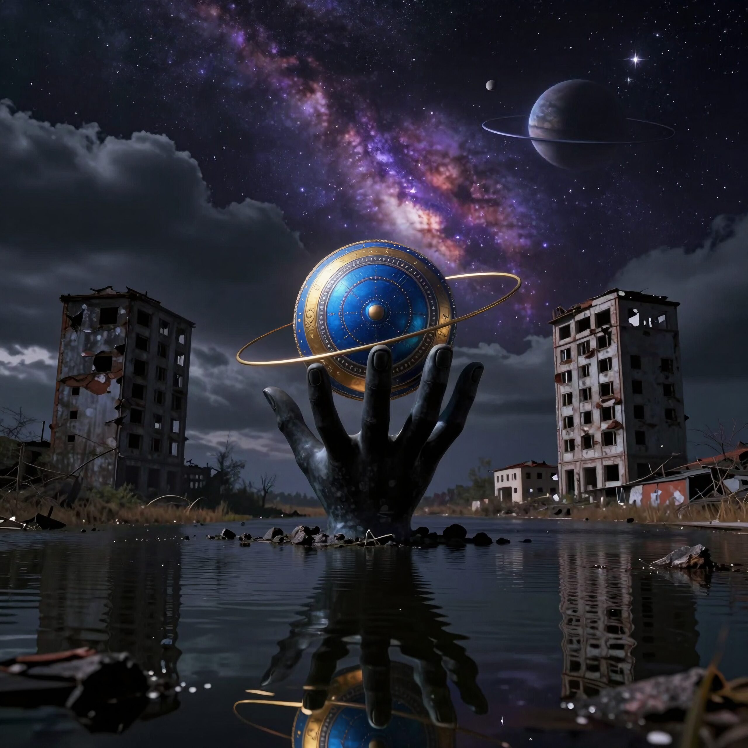 Surreal cosmic hand holding sphere in post-apocalyptic landscape with galaxy.