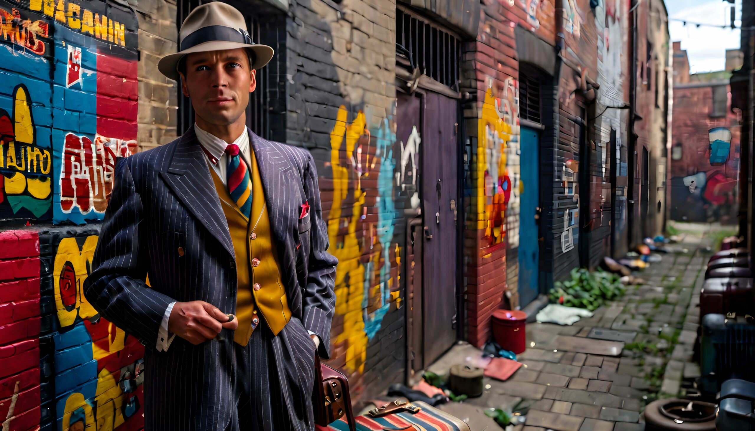A stylish man in a pinstripe suit stands in a vibrant graffiti-covered alleyway.
