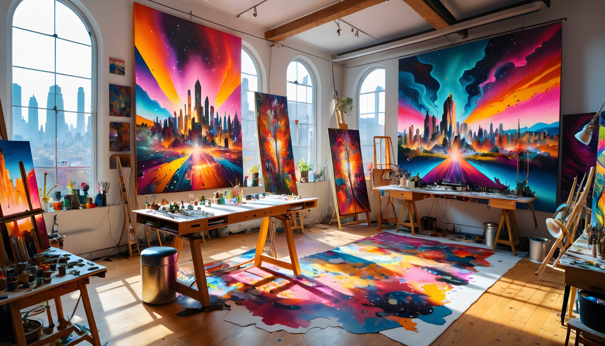 A vibrant art studio with colorful cityscape paintings and natural light.