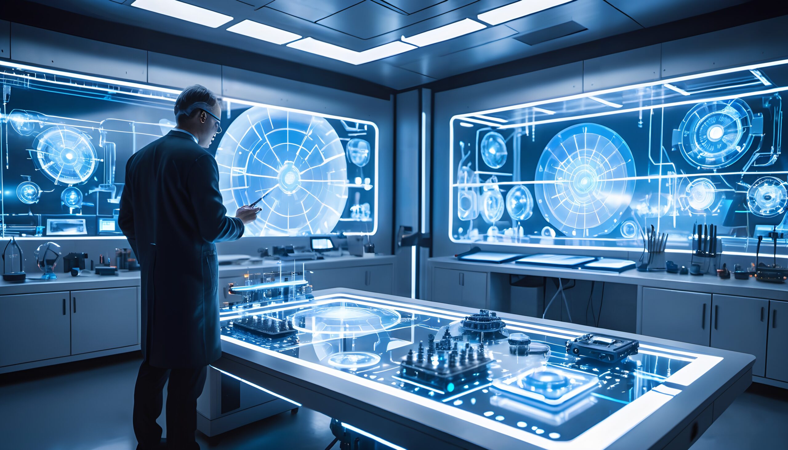 A scientist in a futuristic lab interacts with digital displays amidst holographic technology.