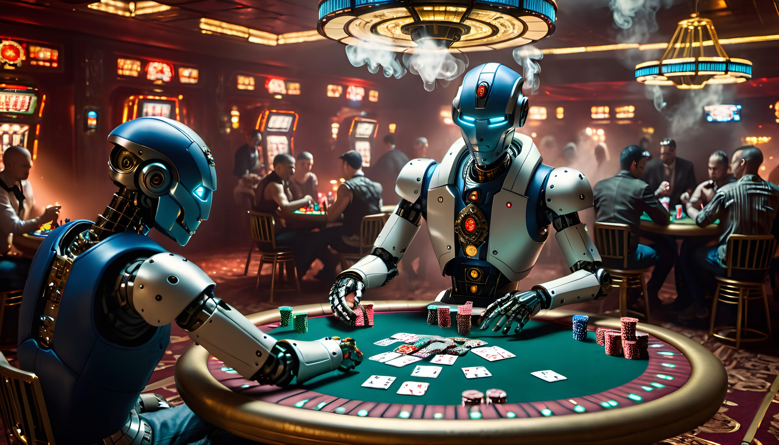 Futuristic robots play poker in a smoky casino setting.