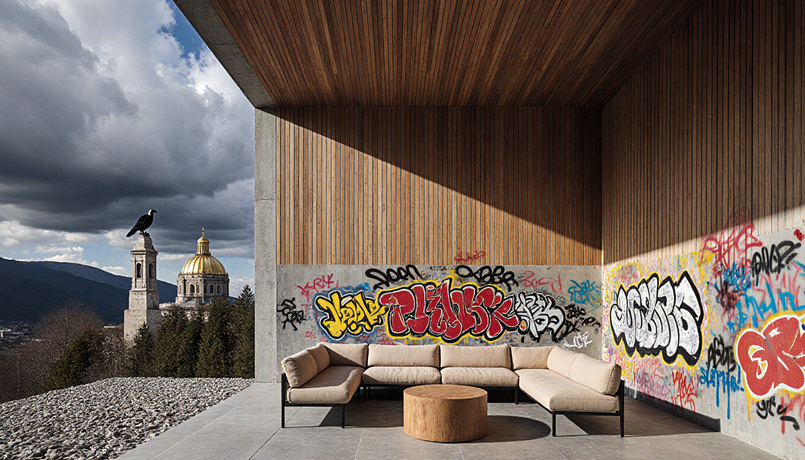 Contemporary outdoor space with graffiti and golden dome.