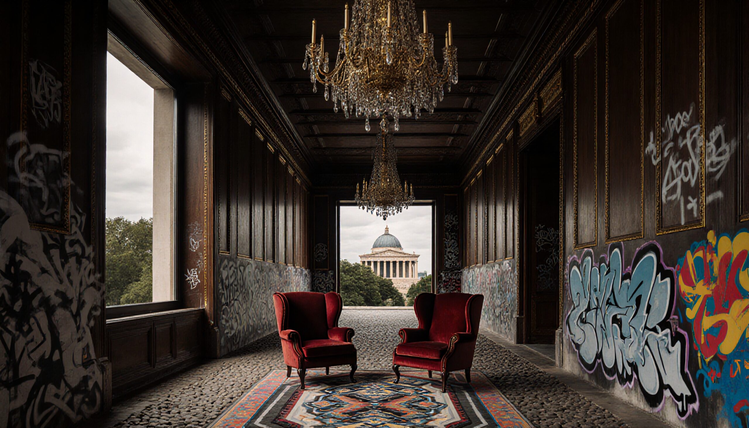 Chandeliers, red chairs, graffiti, domed building, contrasting styles.