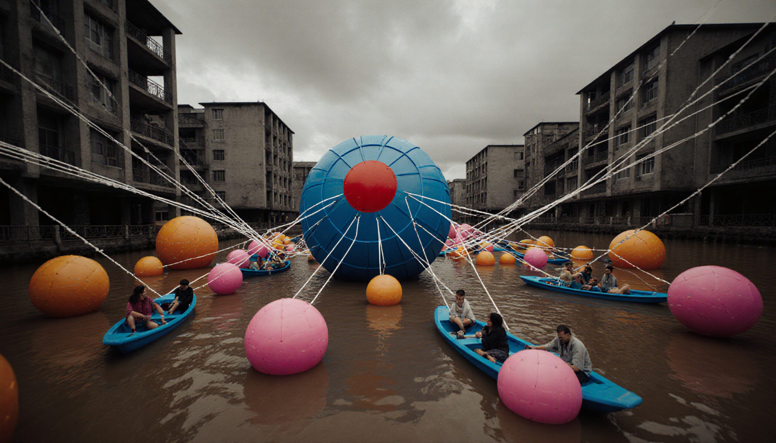 Colorful art installation with large blue sphere, smaller pink and orange spheres, strings, boats, and gray buildings.