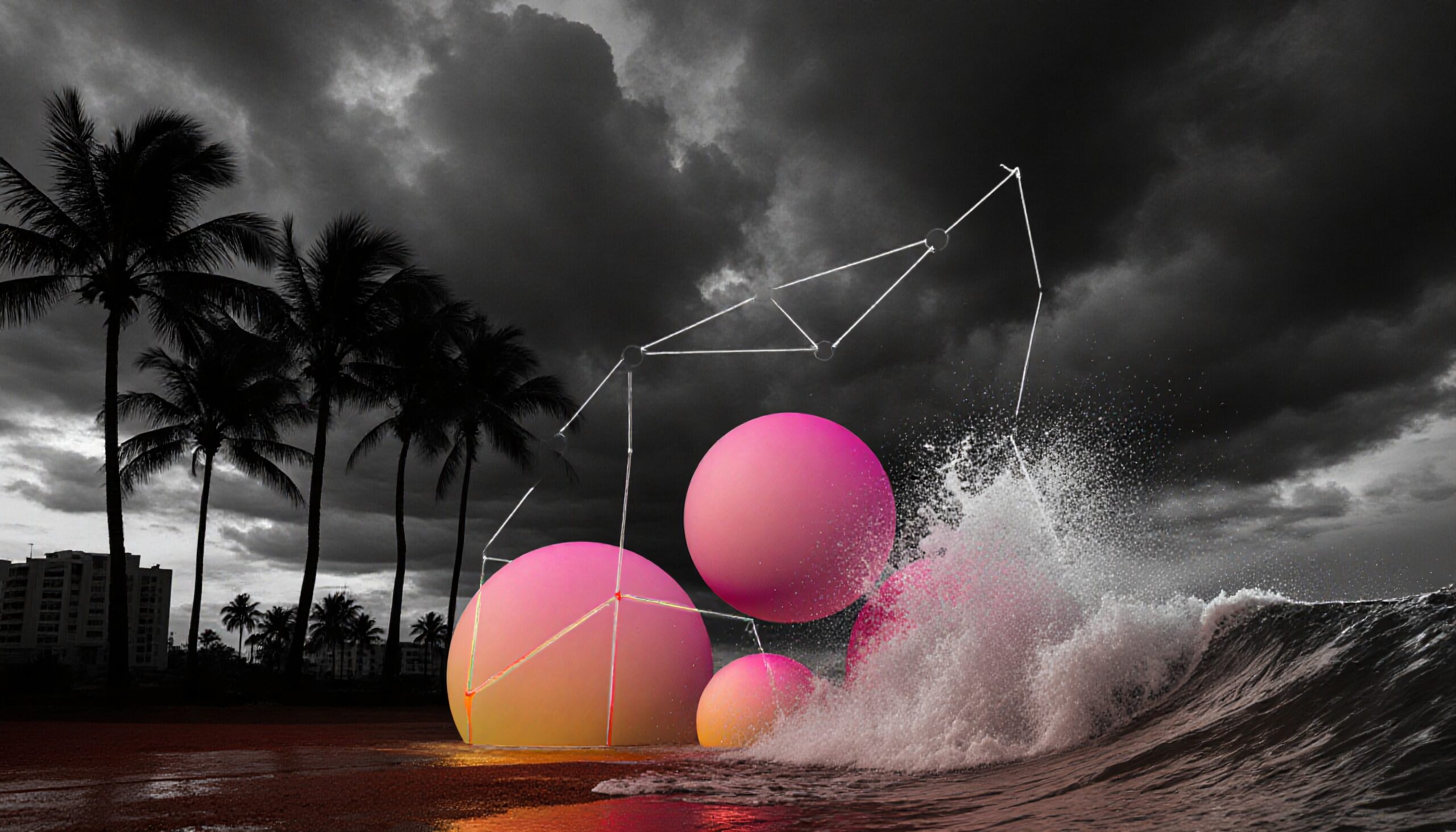 A stormy beach with silhouetted palms, neon pink spheres, and crashing waves.