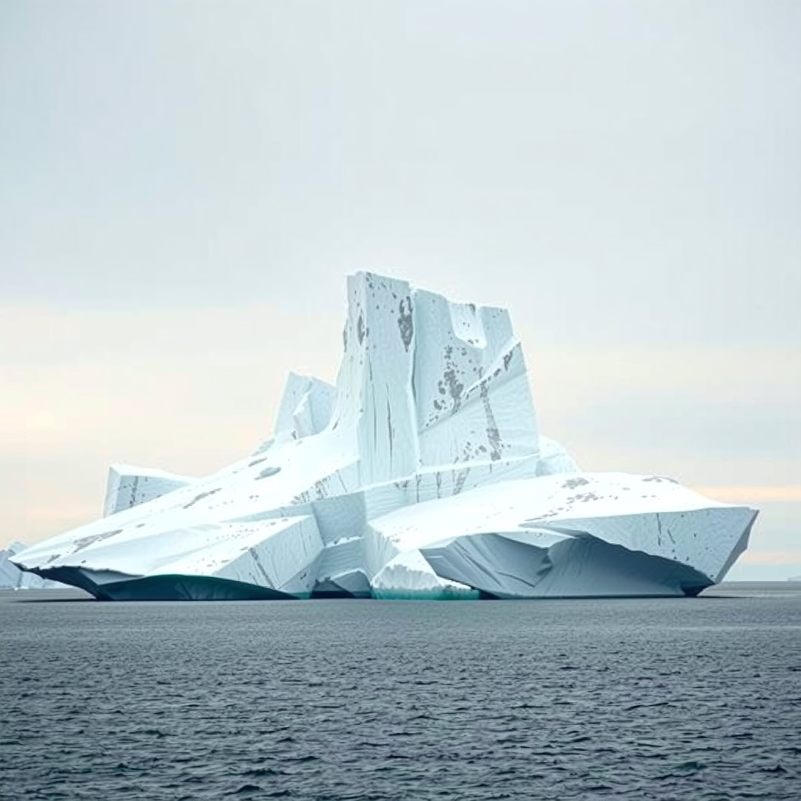 A majestic iceberg with textured surfaces against a calm ocean and overcast sky.