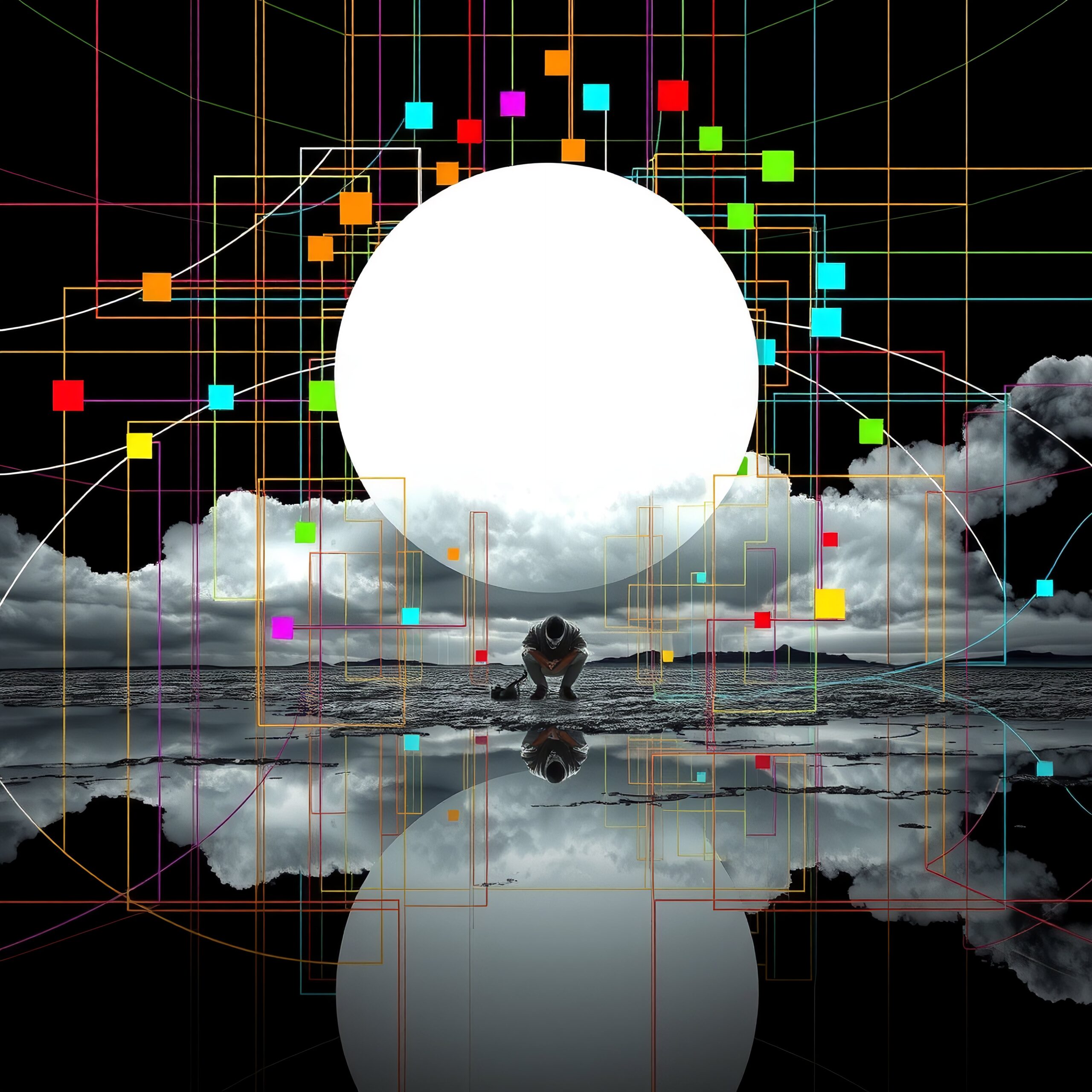 A person kneels under a large white sphere, surrounded by colorful geometric lines and dramatic clouds, reflecting on a mirrored surface.