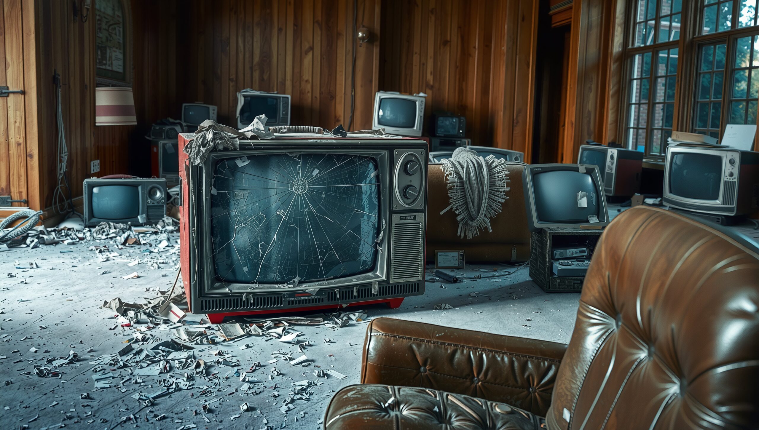 Abandoned room with vintage televisions and debris.