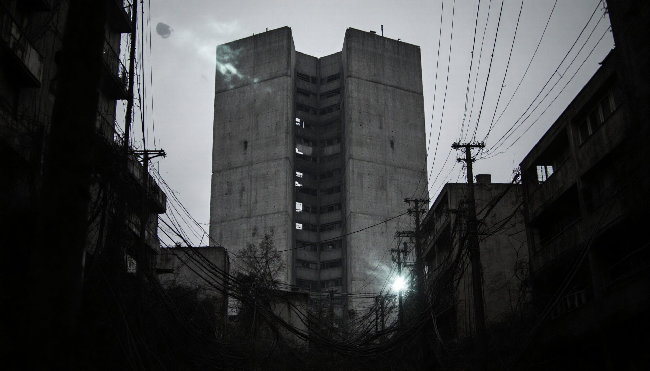 A tall, concrete building in an eerie, decaying urban environment with tangled wires.