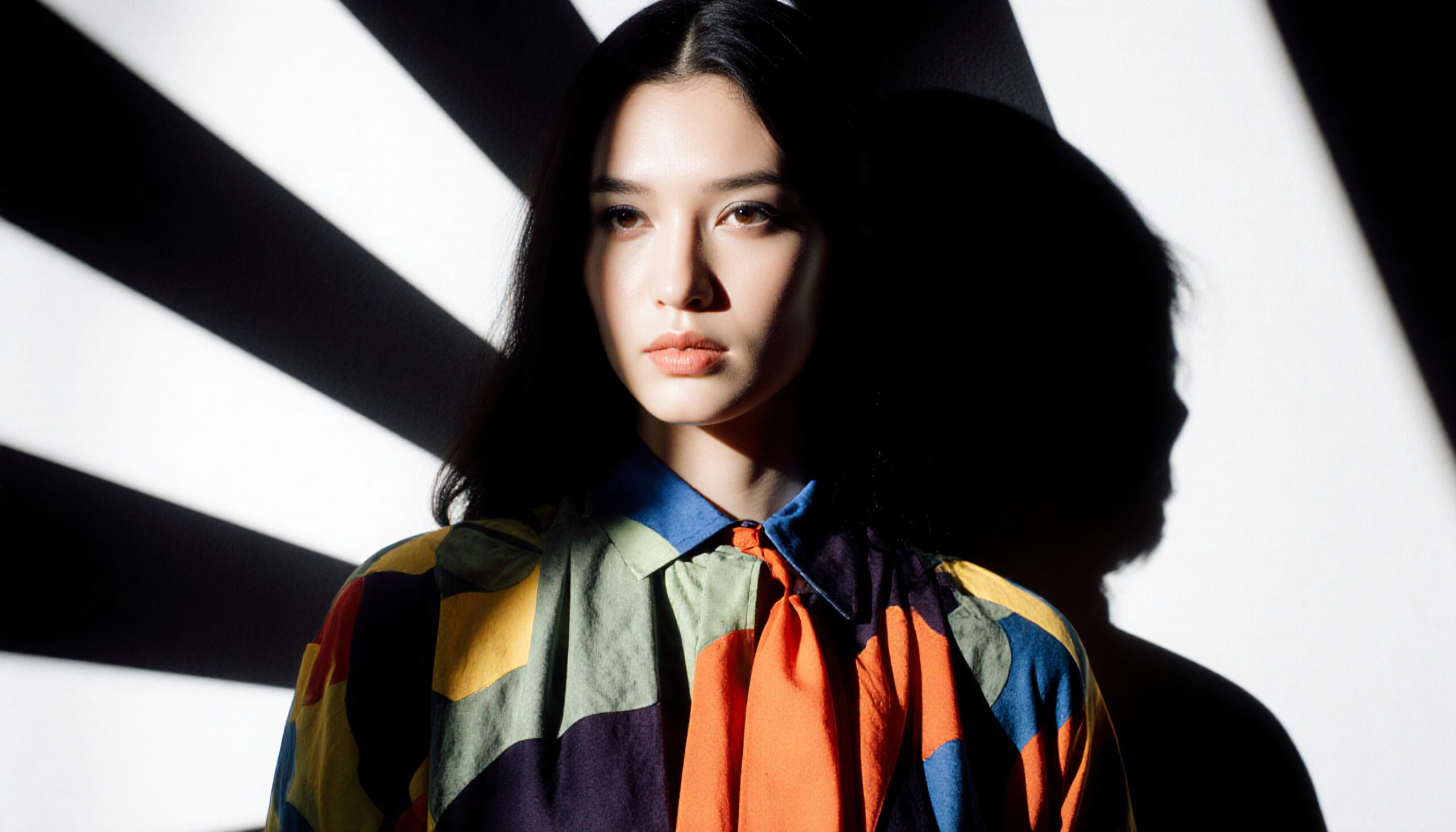 A woman in a colorful blouse stands against a geometric background with dramatic shadows and lighting.
