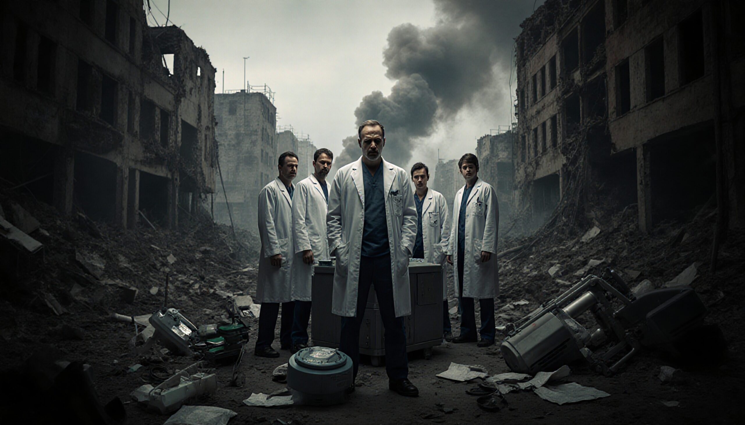 Doctors stand amidst rubble in a war-torn cityscape with smoke and debris.