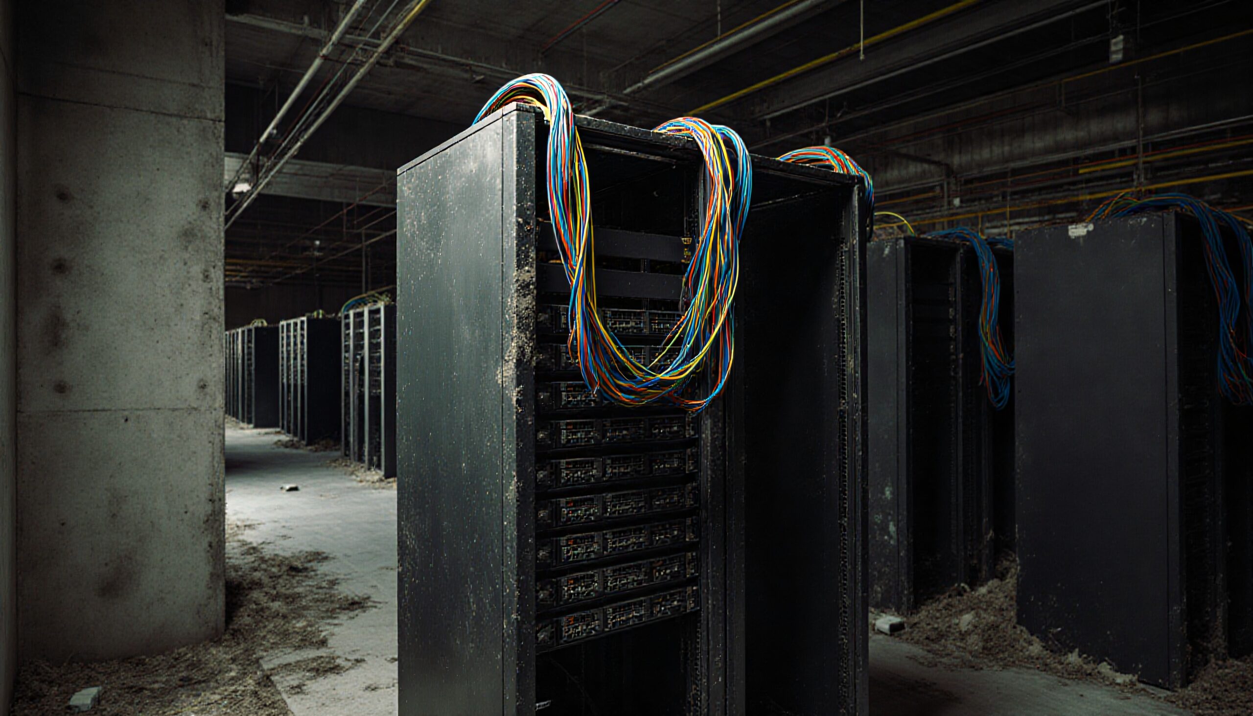 Abandoned server room with colorful cables draped over racks in a dim, industrial setting.