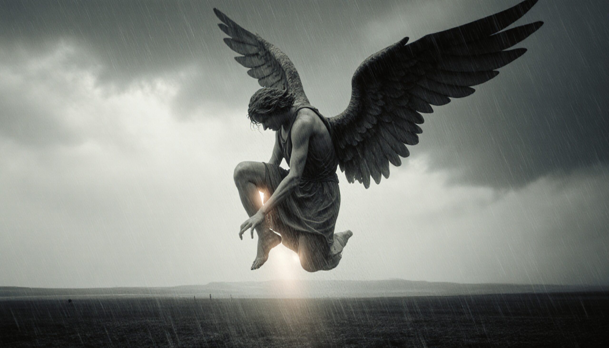 An angel with wide wings descends gracefully amid rain and storm, illuminated by a divine glow.