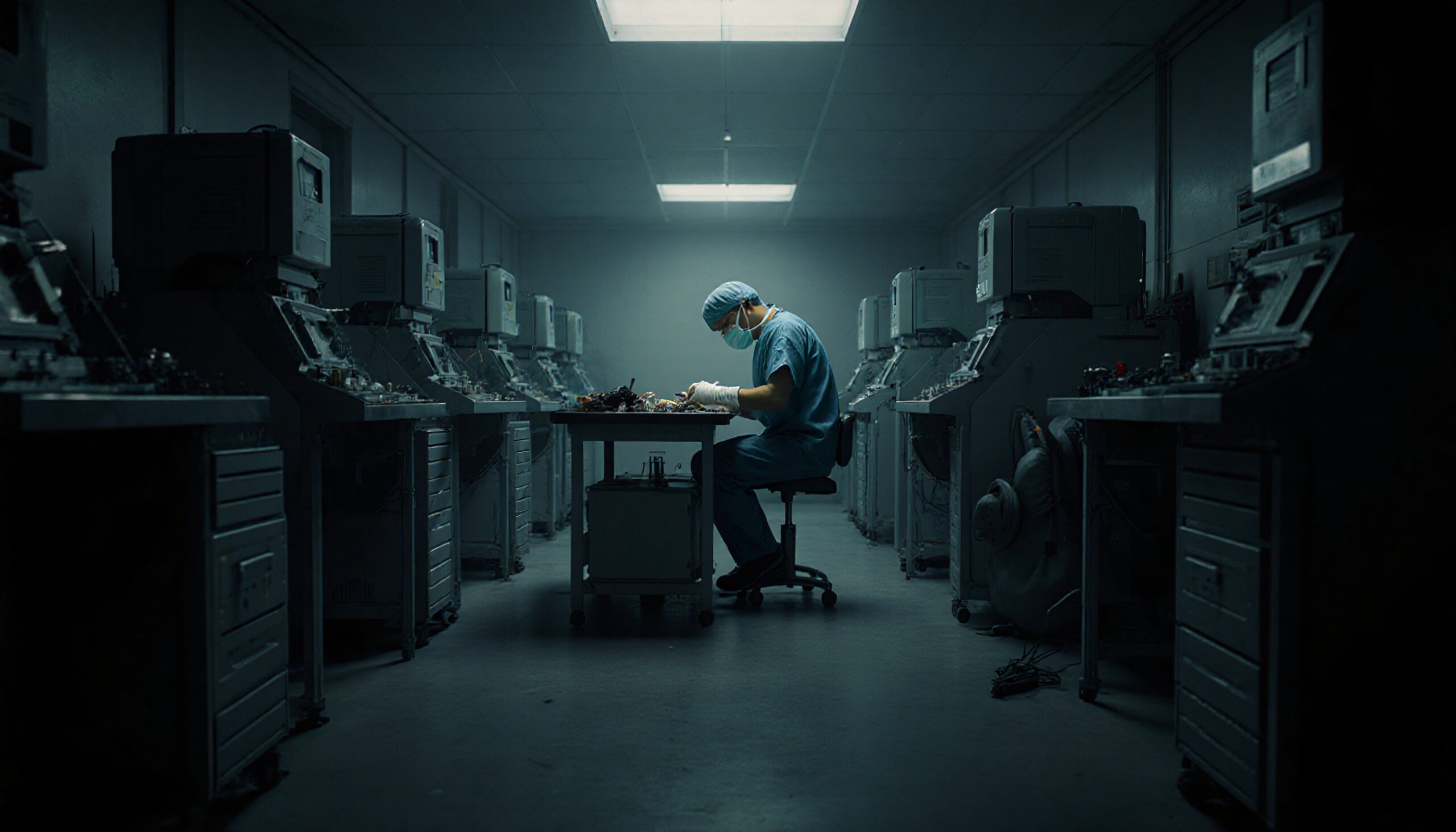 Person in surgical scrubs works under dim light surrounded by machinery in a narrow industrial setting.