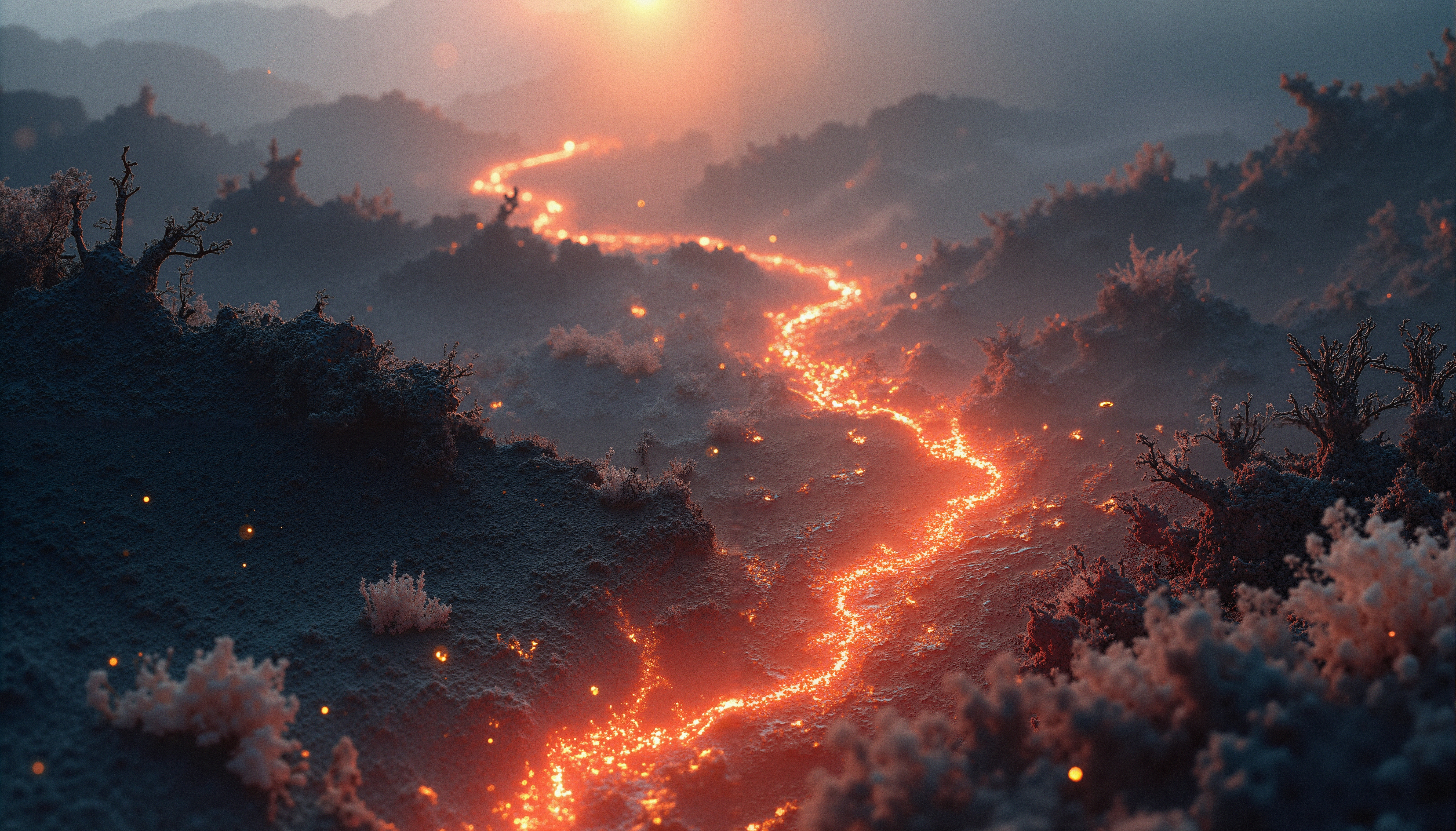 A vivid landscape with a glowing river of lava winding through a dark and rugged terrain at sunset.