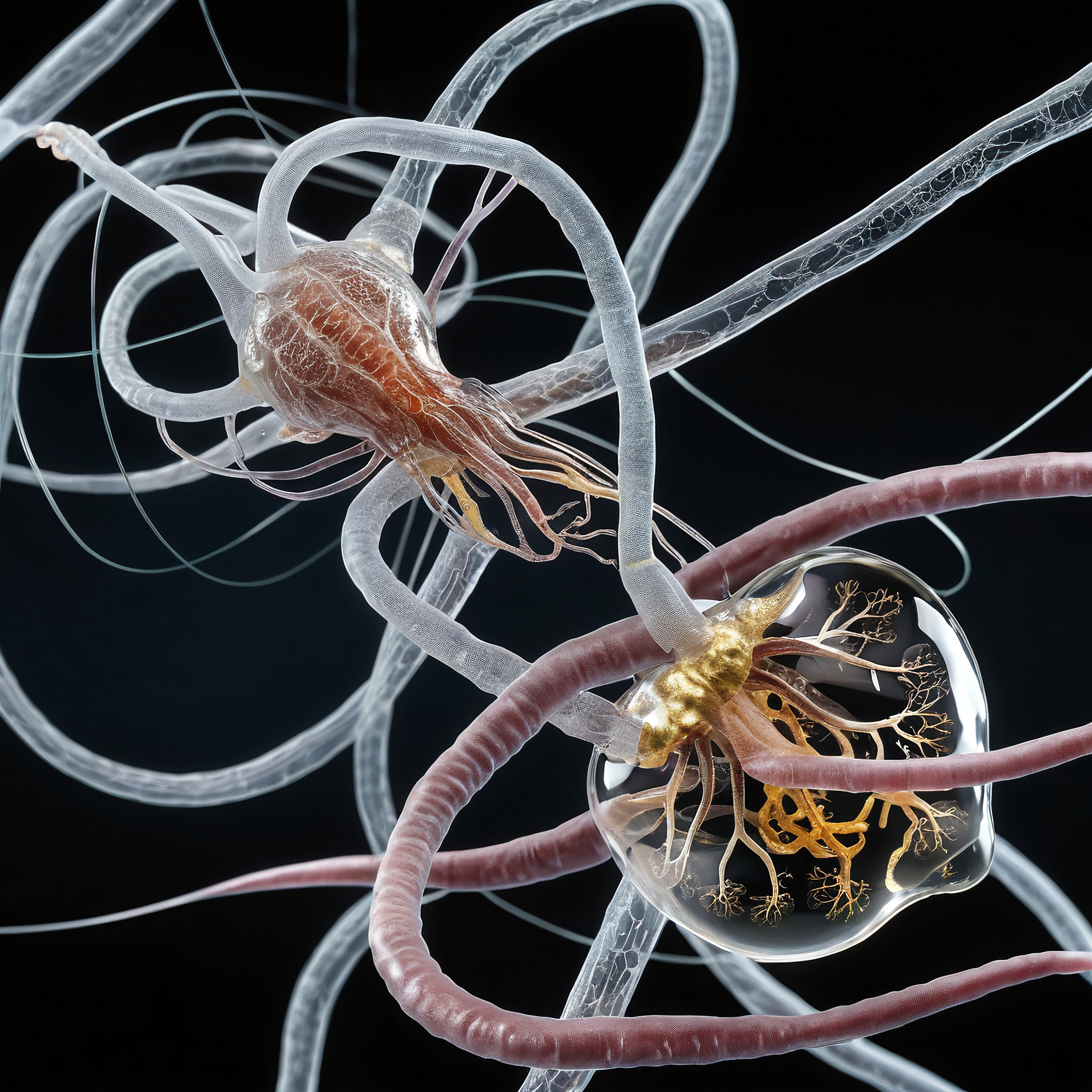 Detailed illustration of surreal jellyfish-like creatures in an intricate network of translucent tendrils.
