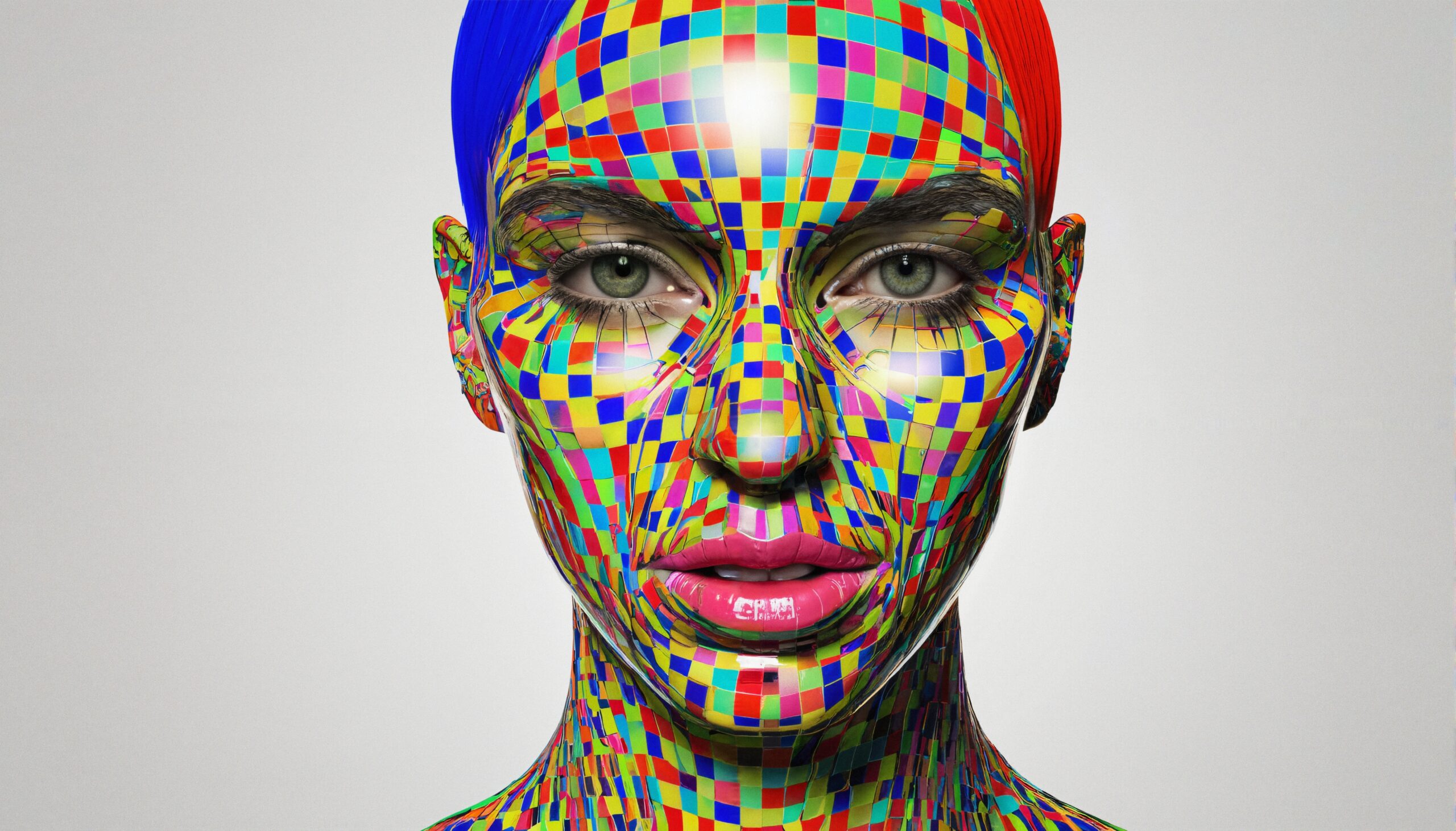 A colorful, mosaic-patterned face with striking eyes and glossy texture.