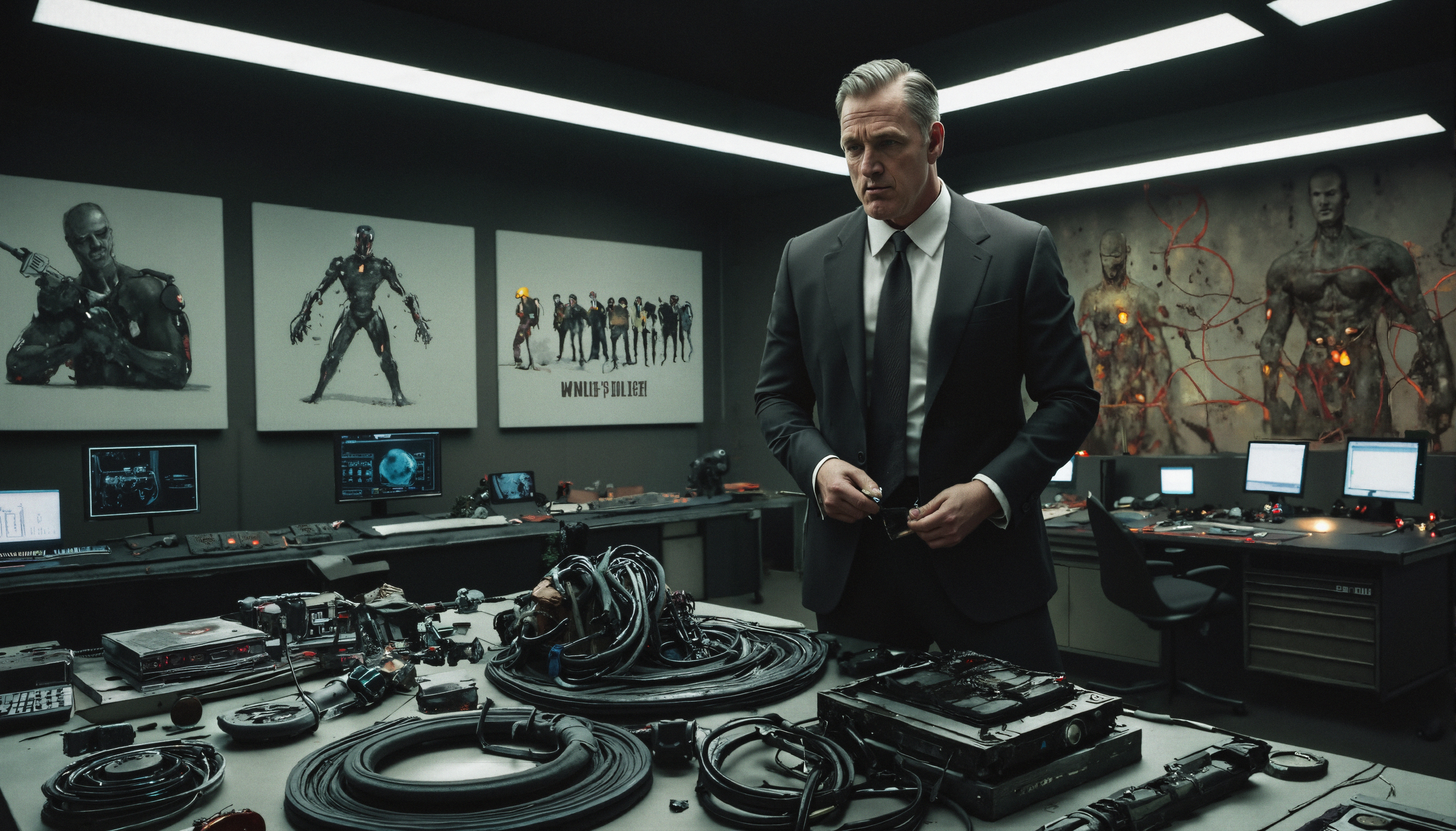 A man in a suit examines advanced technology in a high-tech lab with sleek monitors and futuristic art.
