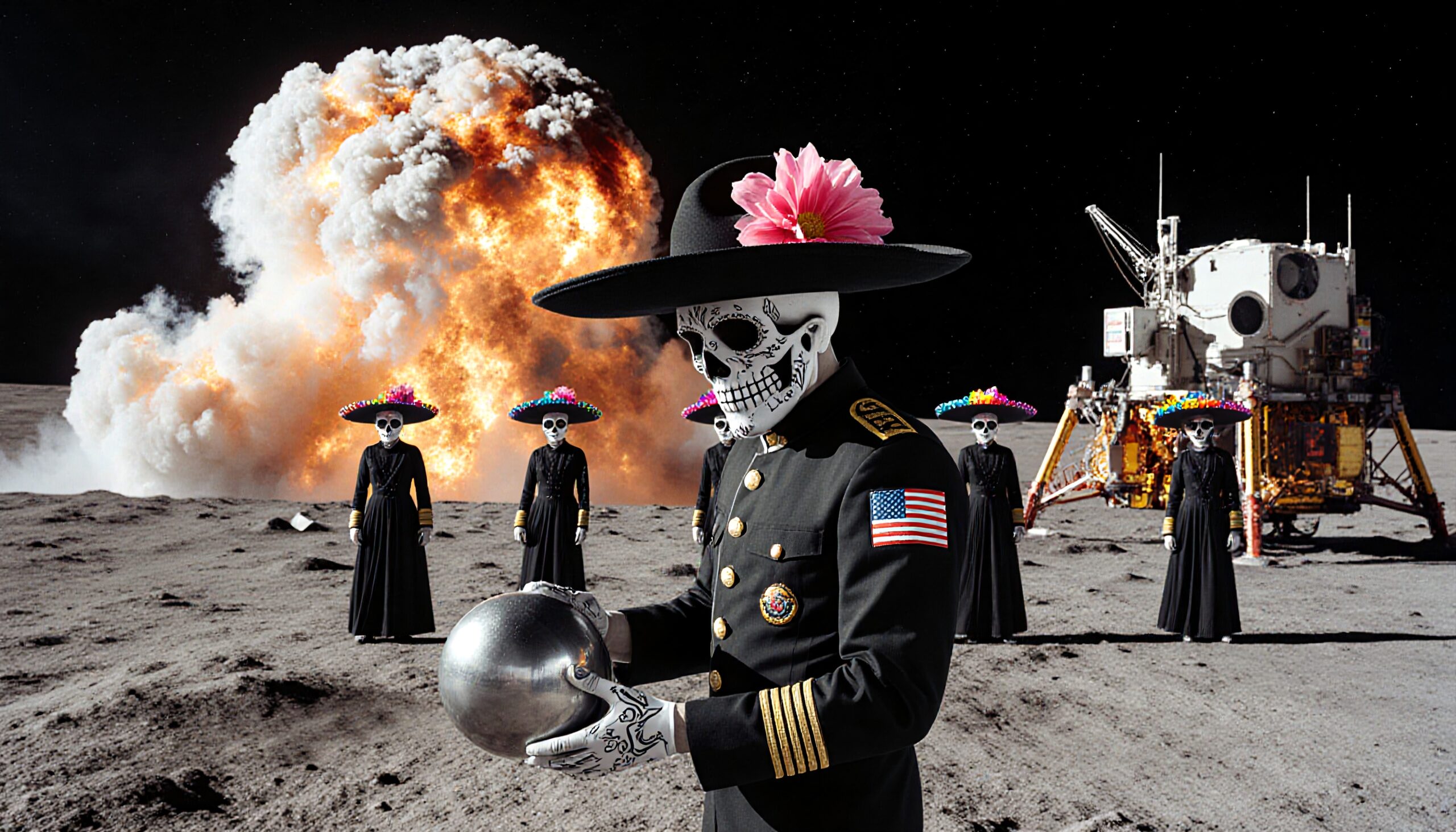 A mysterious scene on the moon combines Día de los Muertos elements with space exploration themes, featuring costumed skeleton figures and an explosion.