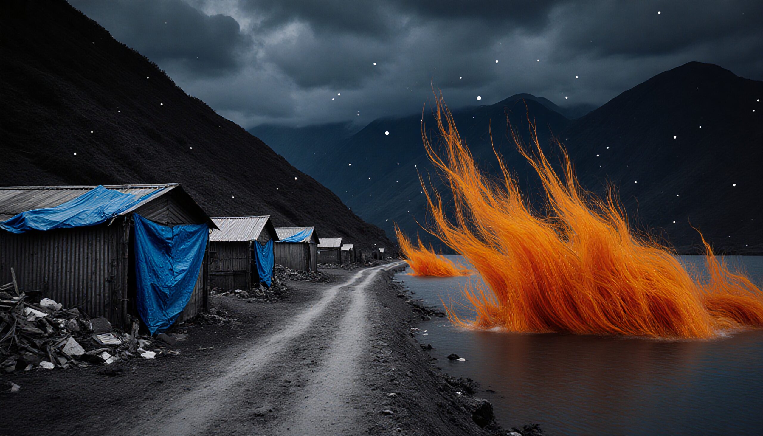 A mysterious landscape with dark mountains, rustic huts, and surreal fiery formations in water under a stormy sky.