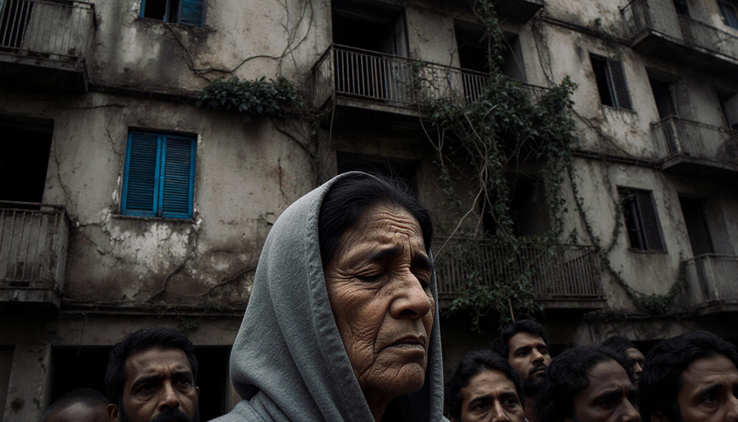 A solemn older woman with closed eyes stands in front of a weathered building, surrounded by a group, depicting resilience amidst decay.