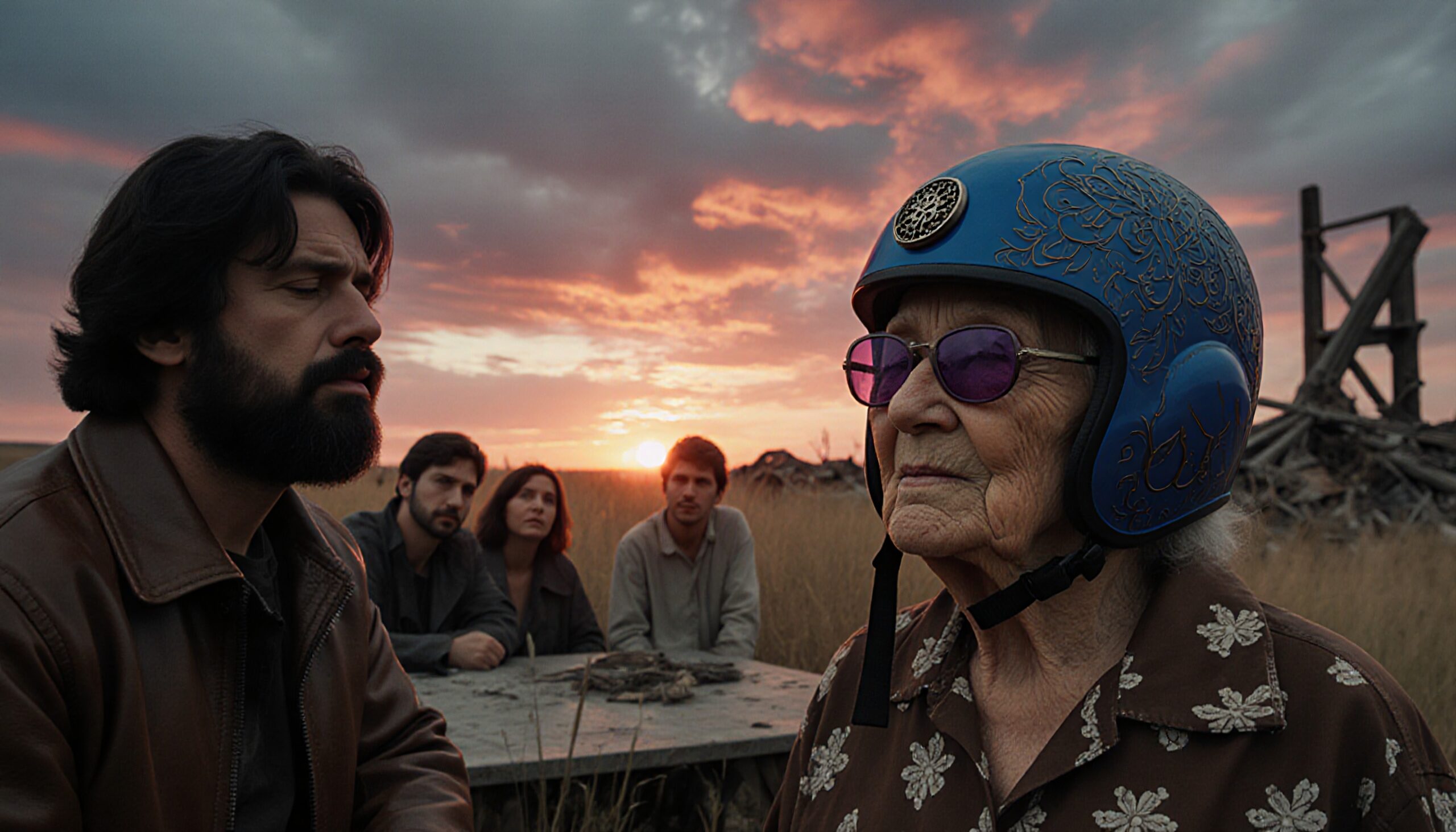 A thoughtful group at sunset with an elderly woman in a helmet.