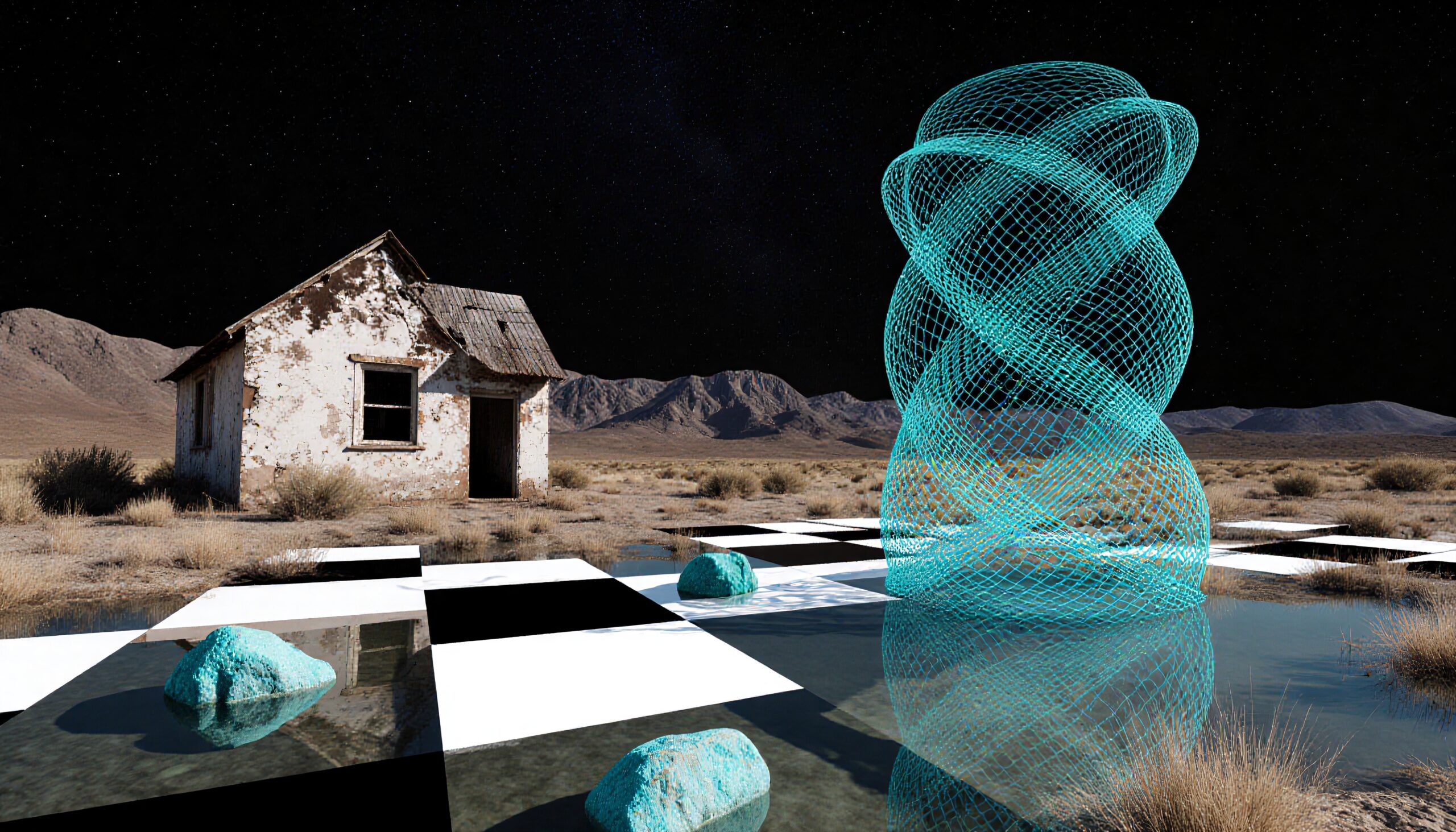 A surreal image of a desert landscape with a checkered ground, a turquoise wireframe sculpture, and a weathered house under a starry sky.