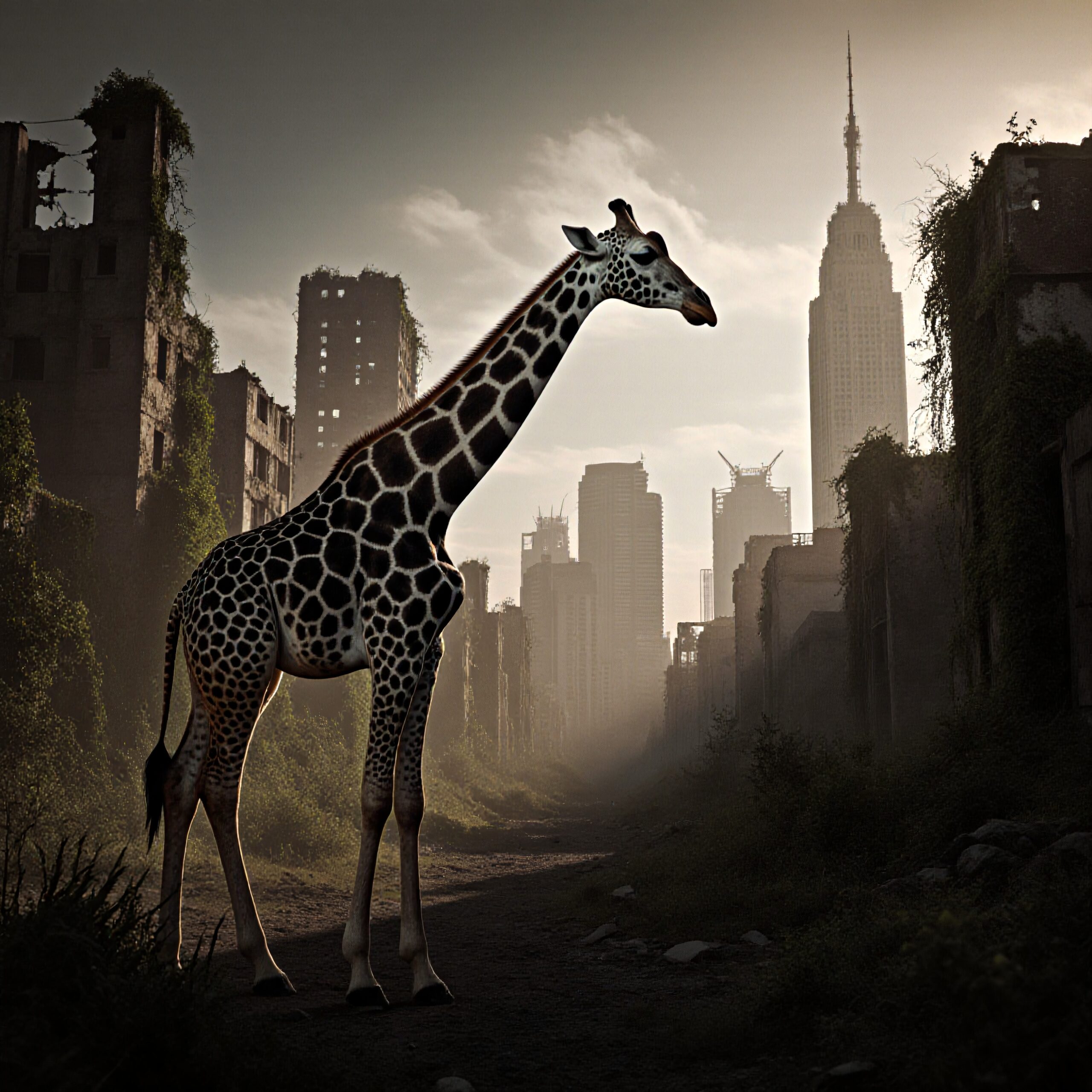 Giraffe stands in an overgrown, abandoned cityscape.