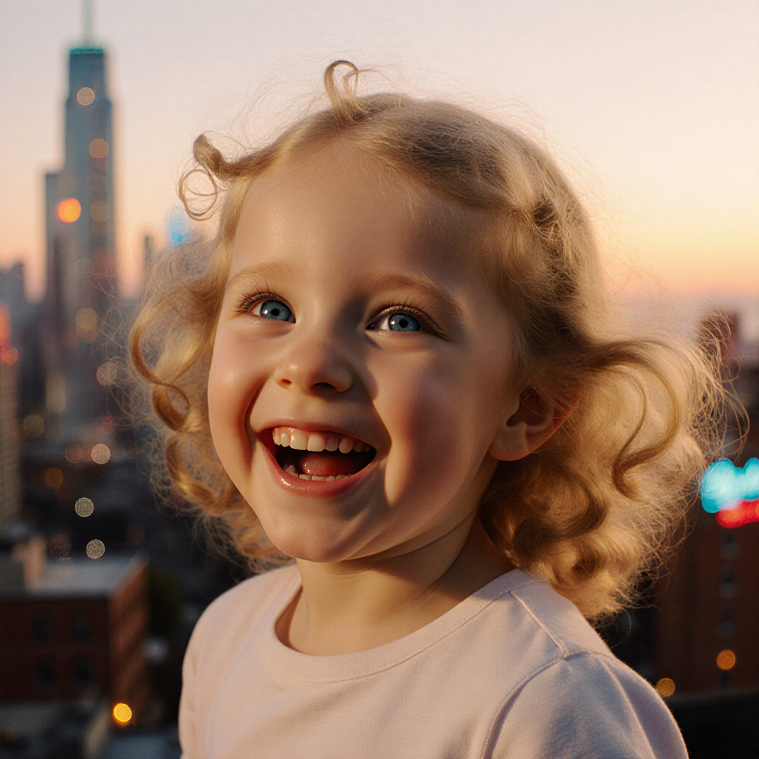 A joyful child with curly hair smiles broadly against a blurred city skyline at dusk.