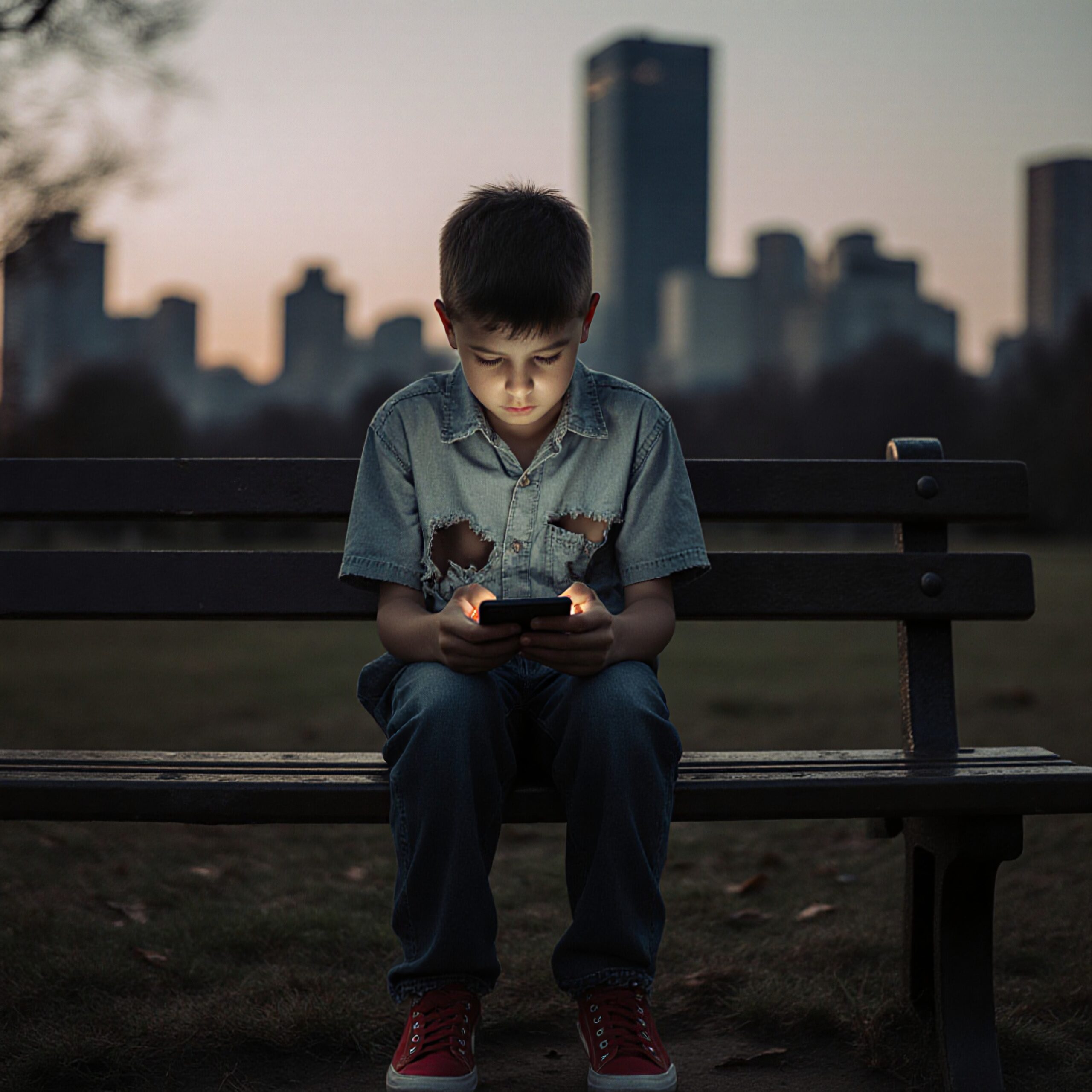 A young boy sits on a park bench in the evening, illuminated by his smartphone screen, with a city skyline in the background.