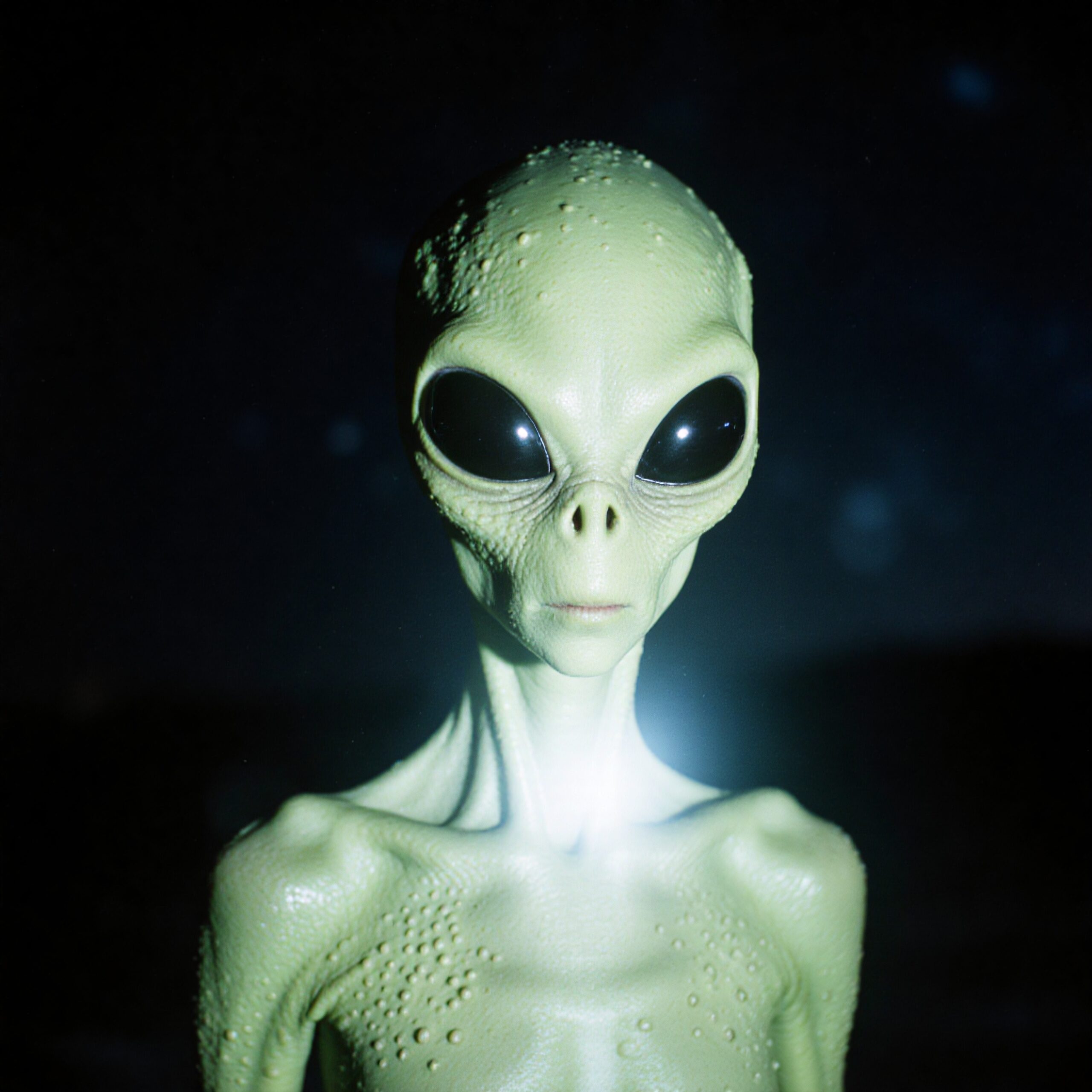 A green alien with large eyes set against a dark night sky, glowing in the soft light.
